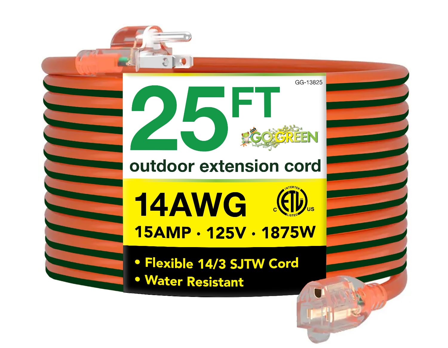 Go Green Power Inc. (Gg 13825) 14/3 Sjtw Outdoor Extension Cord, Lighted Extension Cord, 25 Ft