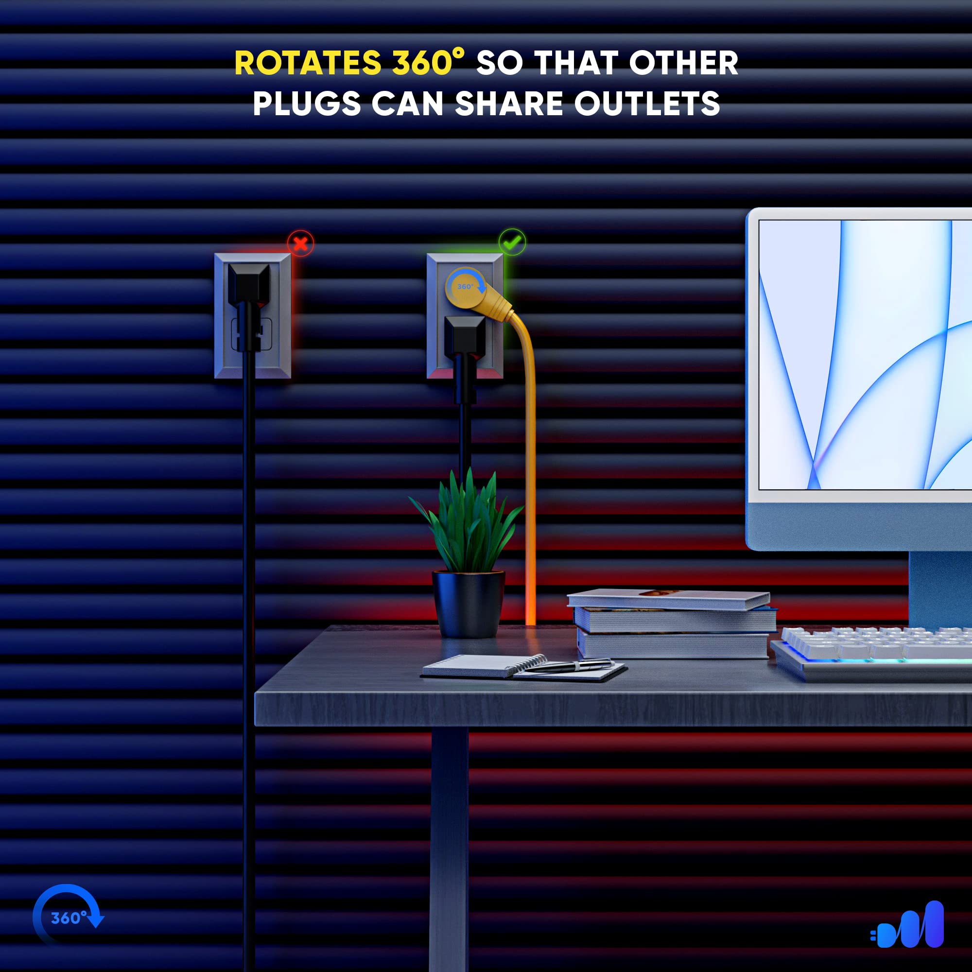 Maximm Cable 10 Feet 360 Rotating Flat Plug Extension Cord/Wire, 3 Prong Grounded Wire 16 Awg Power Cord - Yellow - Ul Certified