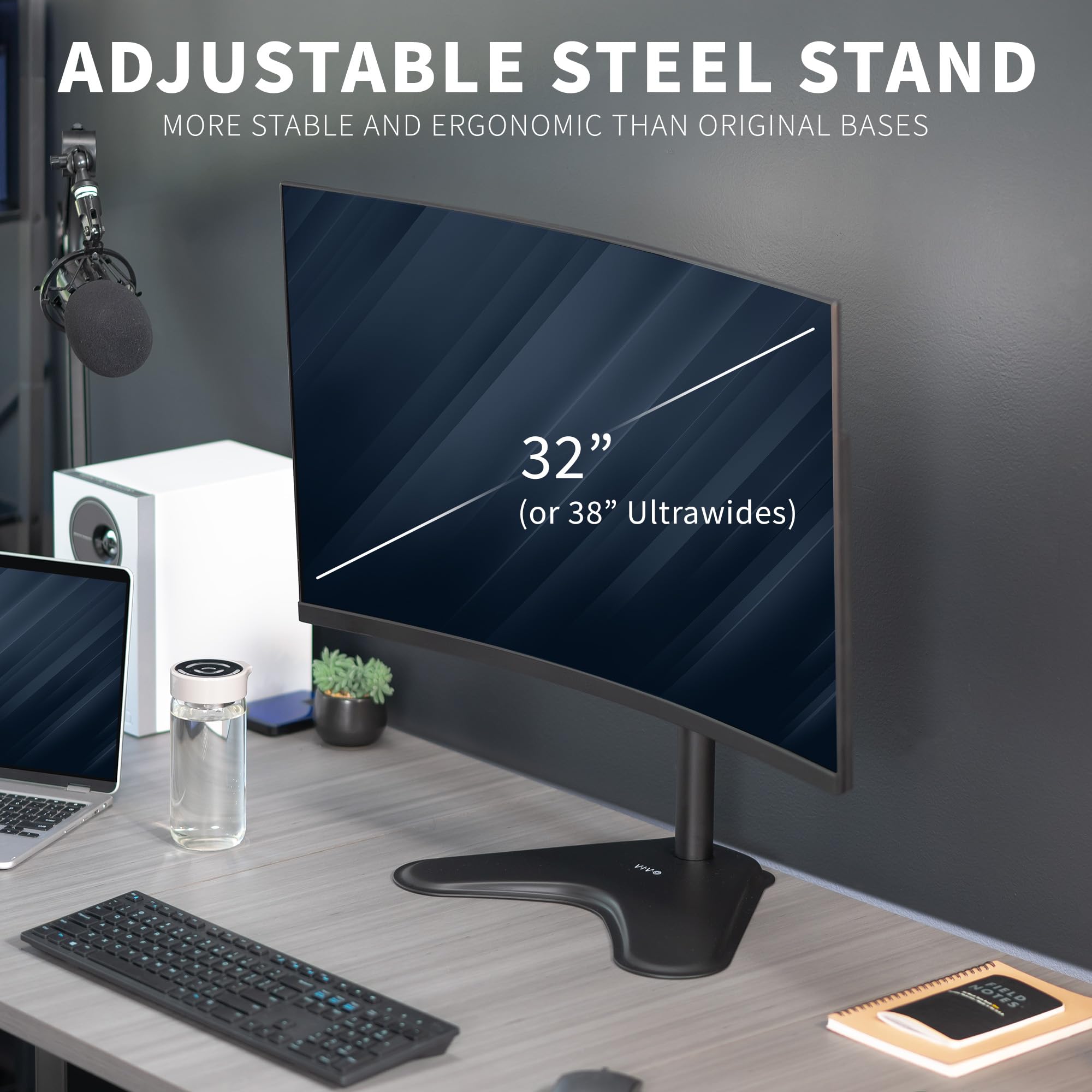 VIVO Single Monitor Desk Stand, Holds Screens up to 32 inch Regular and 38 inch Ultrawide, Freestanding VESA Steel Mount Base, Adjustable Height, Tilt, Swivel, Rotation, Black, STAND V001H