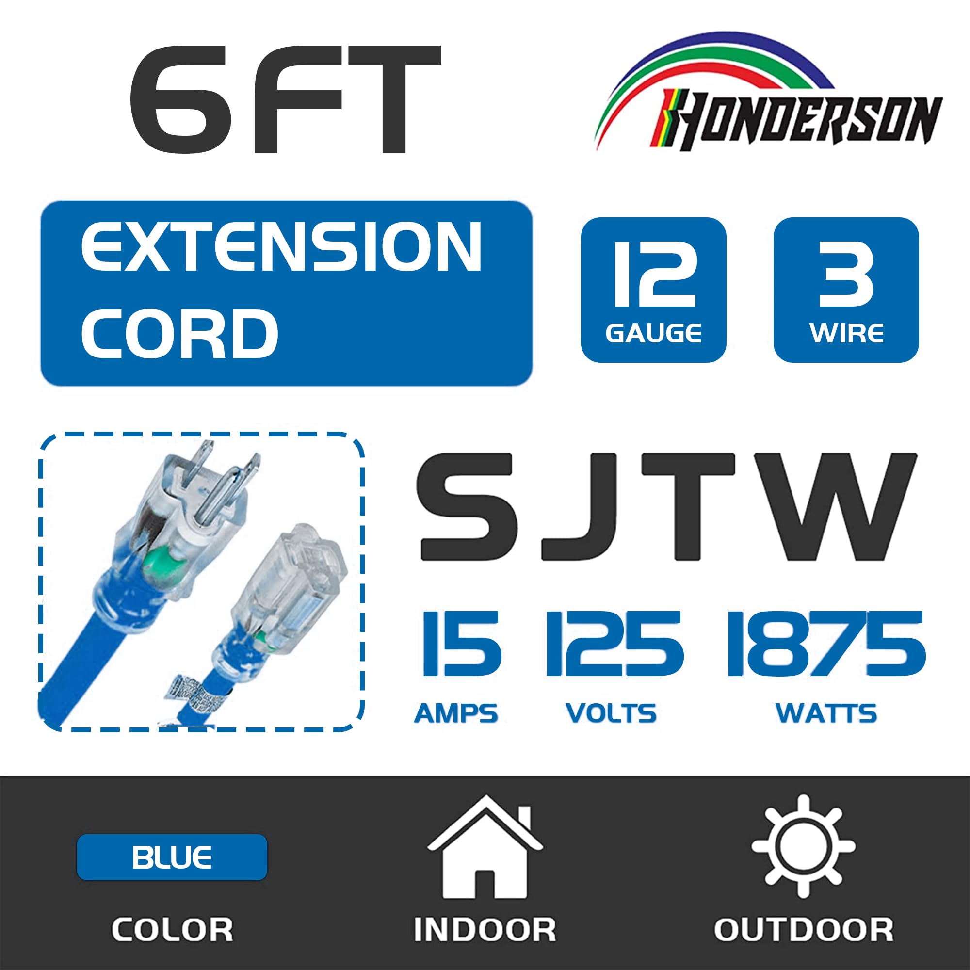 Honderson Indoor Outdoor Extension Cord Weatherproof With Lighted End, Ul Listed, 12 Gauge 6Ft Blue 3 Prong Heavy Duty Extension