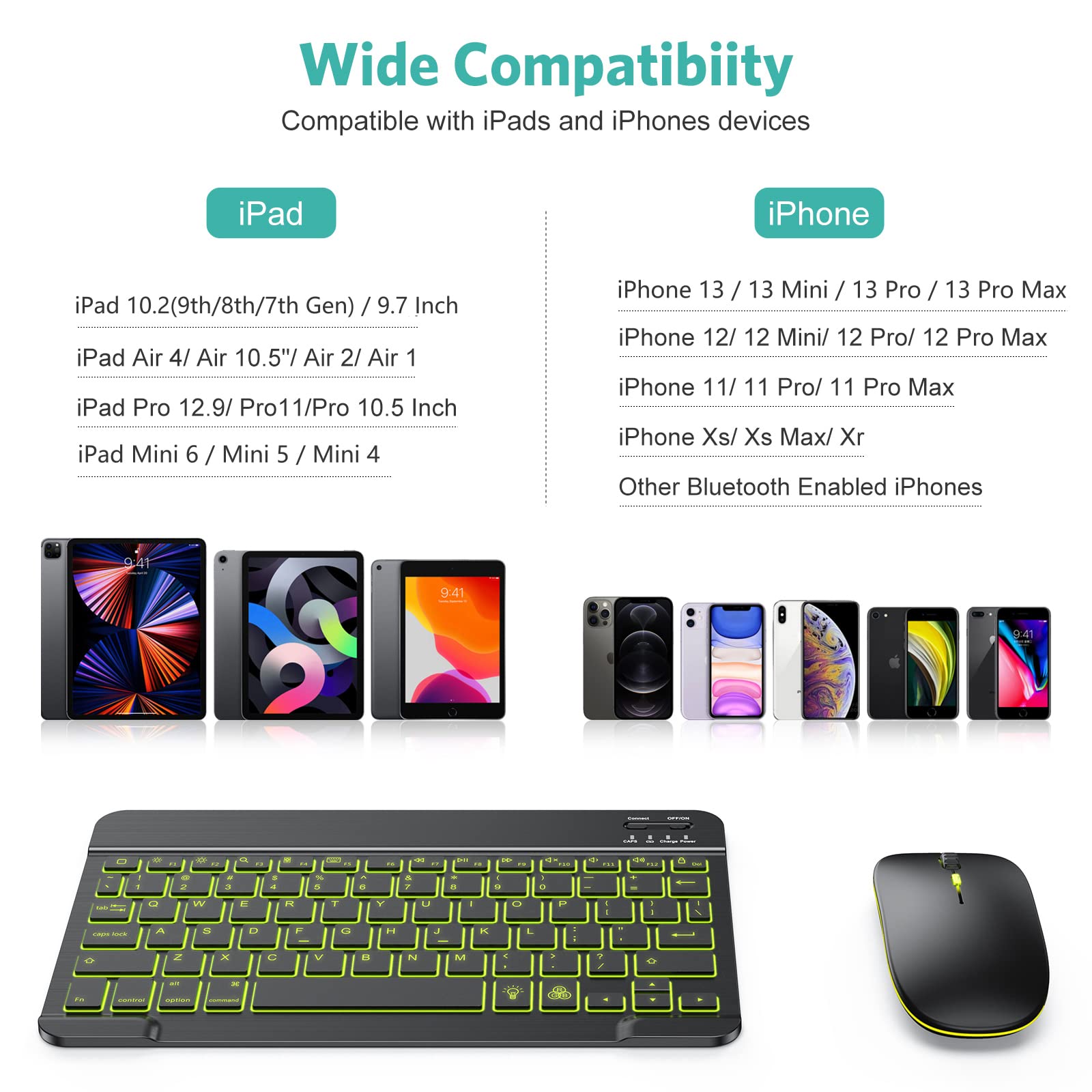 Tecurs Bluetooth Keyboard And Mouse Combo For Ipad   Rechargeable Wireless Keyboard & Mouse With 7 Color Backlit Compatible With