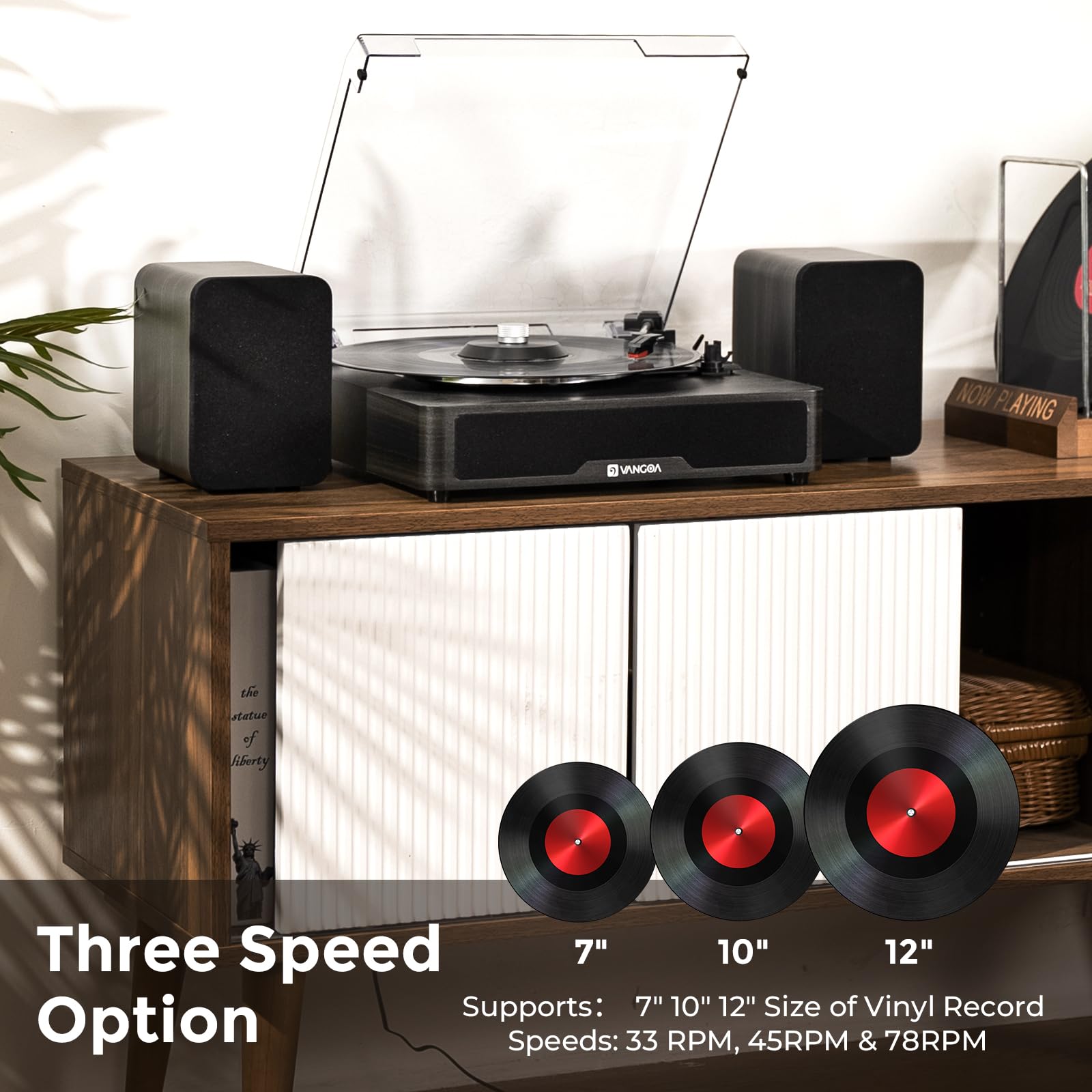 Black Record Player For Vinyl With Speakers Retroturntable Kit For Vinyl Records Dual Stereo Speakers, 3 Speed Lp Vinyl Players