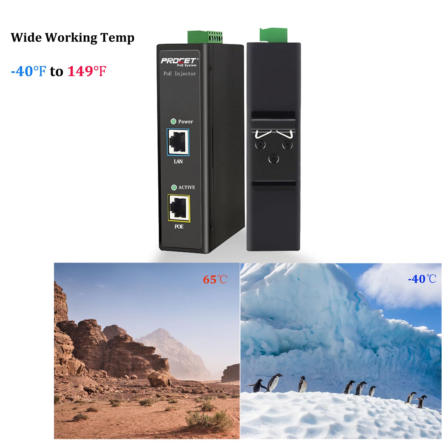 Procet 60W Poe++ Injector Gigabit Din Rail Industrial Poe Power Injector, 6Kv Surge Protection, Ieee802.3Af/At Compliant, Workin
