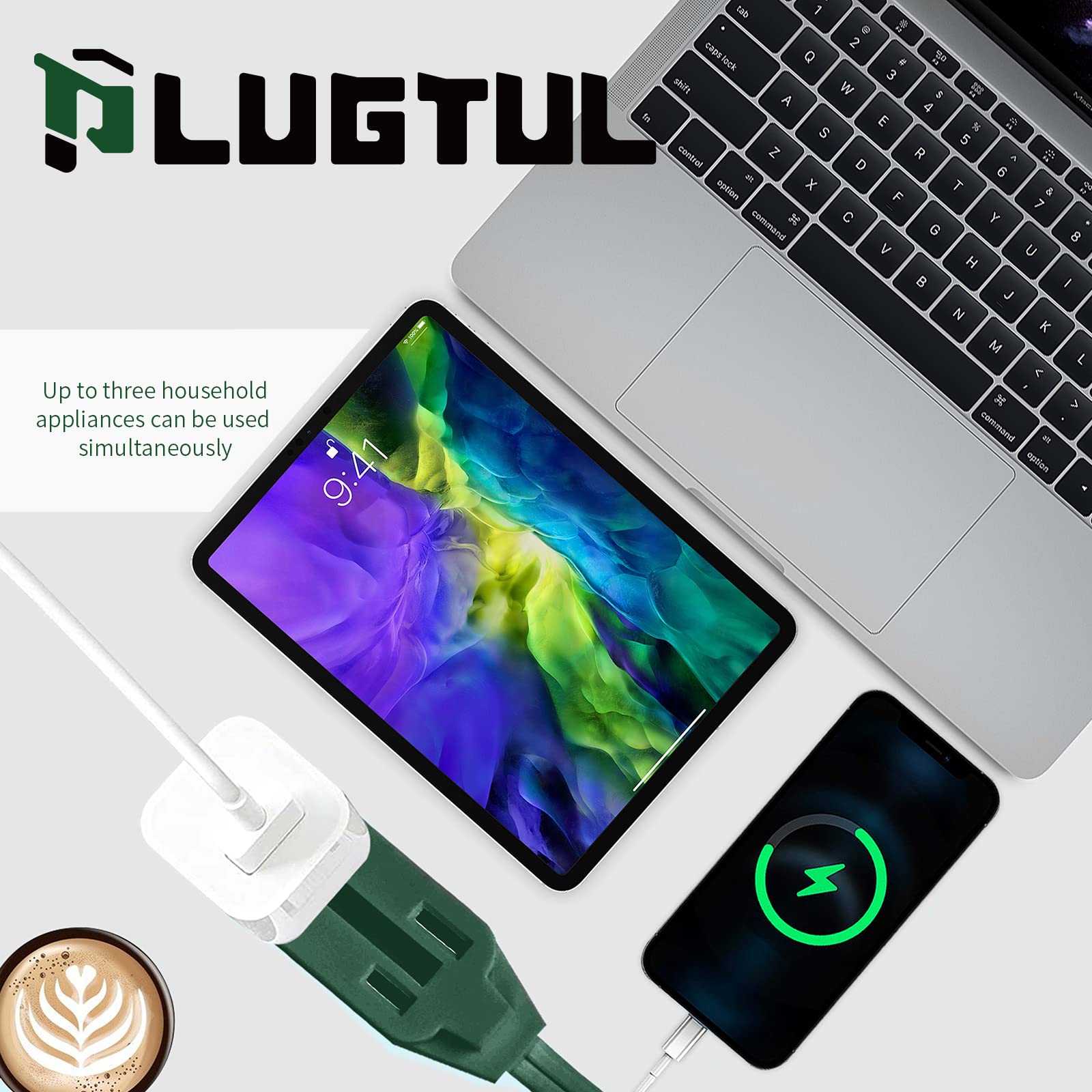 Plugtul Indoor Green Extension Cord 12 Feet, 3 Outlet Household Extension Cord, 2 Prong, 16 Gauge, 3 Polarized Outlets With Safe
