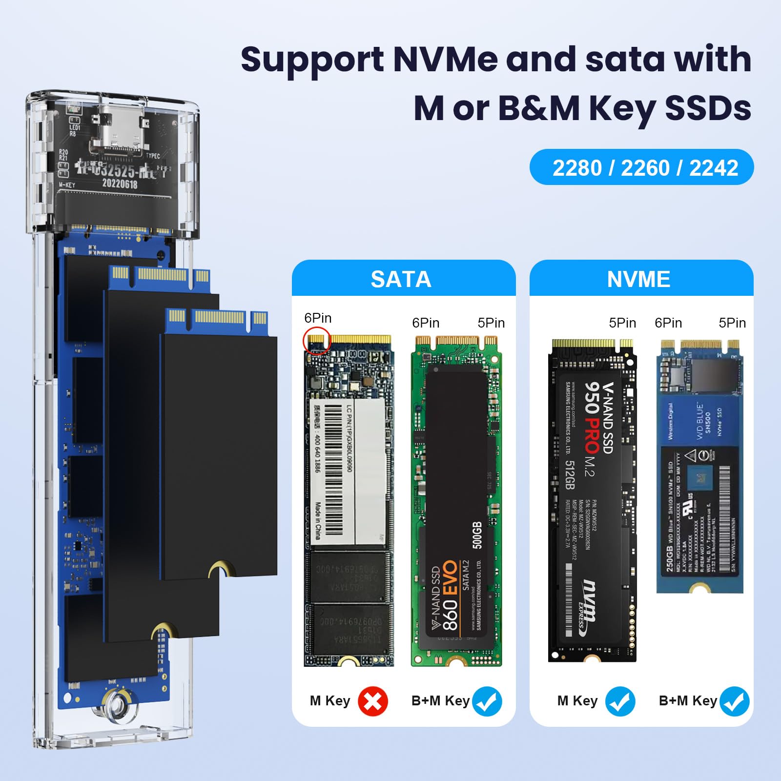 DELXING M.2 NVME SATA SSD Enclosure Adapter 10Gbps USB 3.1 Gen 2 Type C Tool-Free Black for 2230 2242 2260 2280 SSDs SA36-ACCC