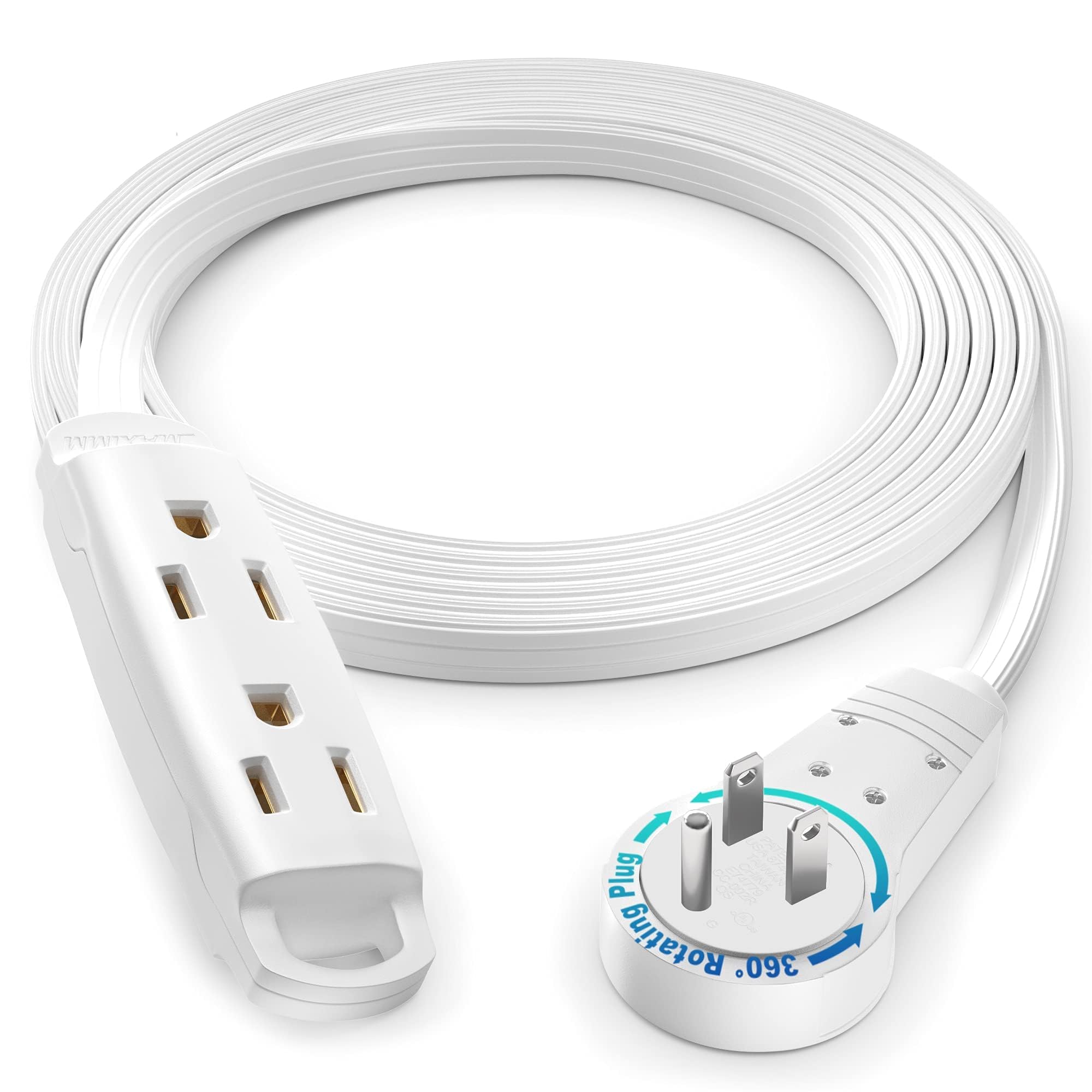 Maximm 360 Degree Rotating Flat Extension Cord 10 Ft Multi 3 Outlet Power Cord Grounded 16 Awg Ul Certified, White