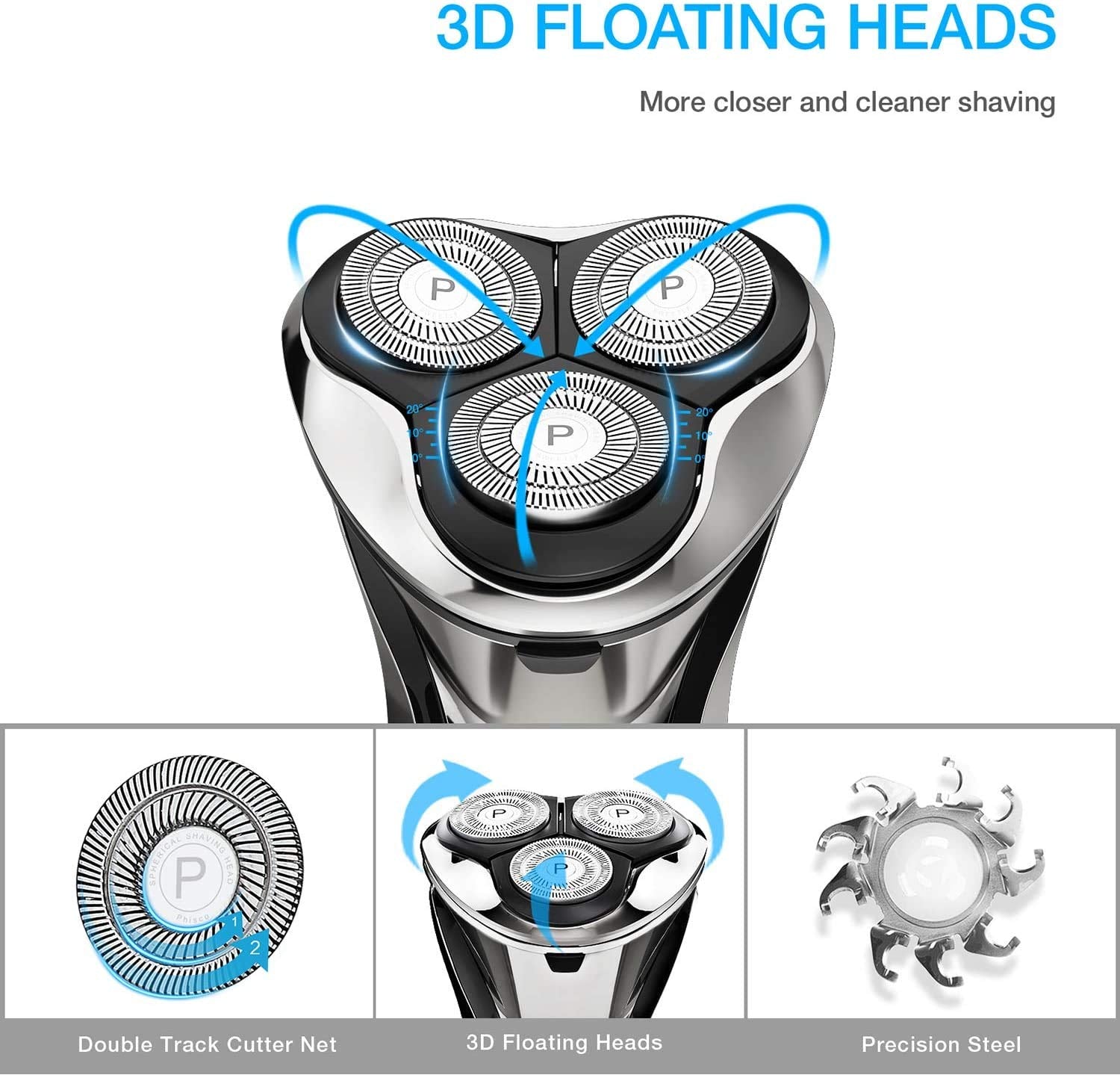 Phisco Electric Shaver Razor For Men With Floating Rotary Razor Ipx7 Led Display Rechargeable Dry/Wet Men'S, Electric Shavers Fo