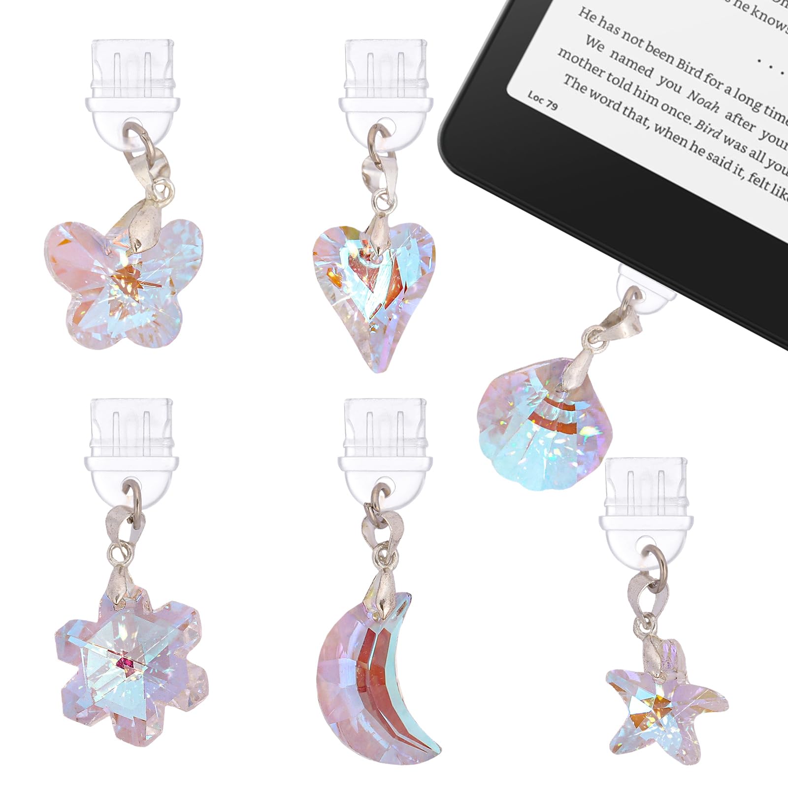 TAKEALOOKO 6 Pcs Glass Crystal Charms for Kindle - Y2K Butterfly Moon Star Anti Dust Plug, Type C/USB C Charging Ports, Coquettt