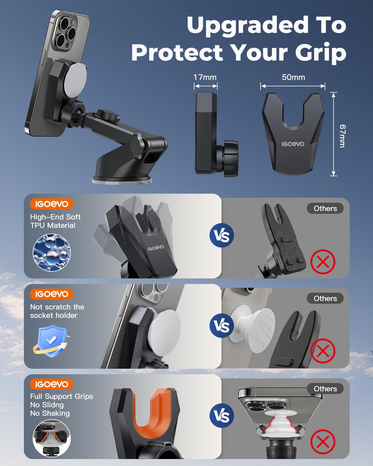 Igoevo Socket Phone Mount For Car Dashboard Windshield One-Hand Operation Strong Suction Cup Pop Car Holder For Iphone Fits All