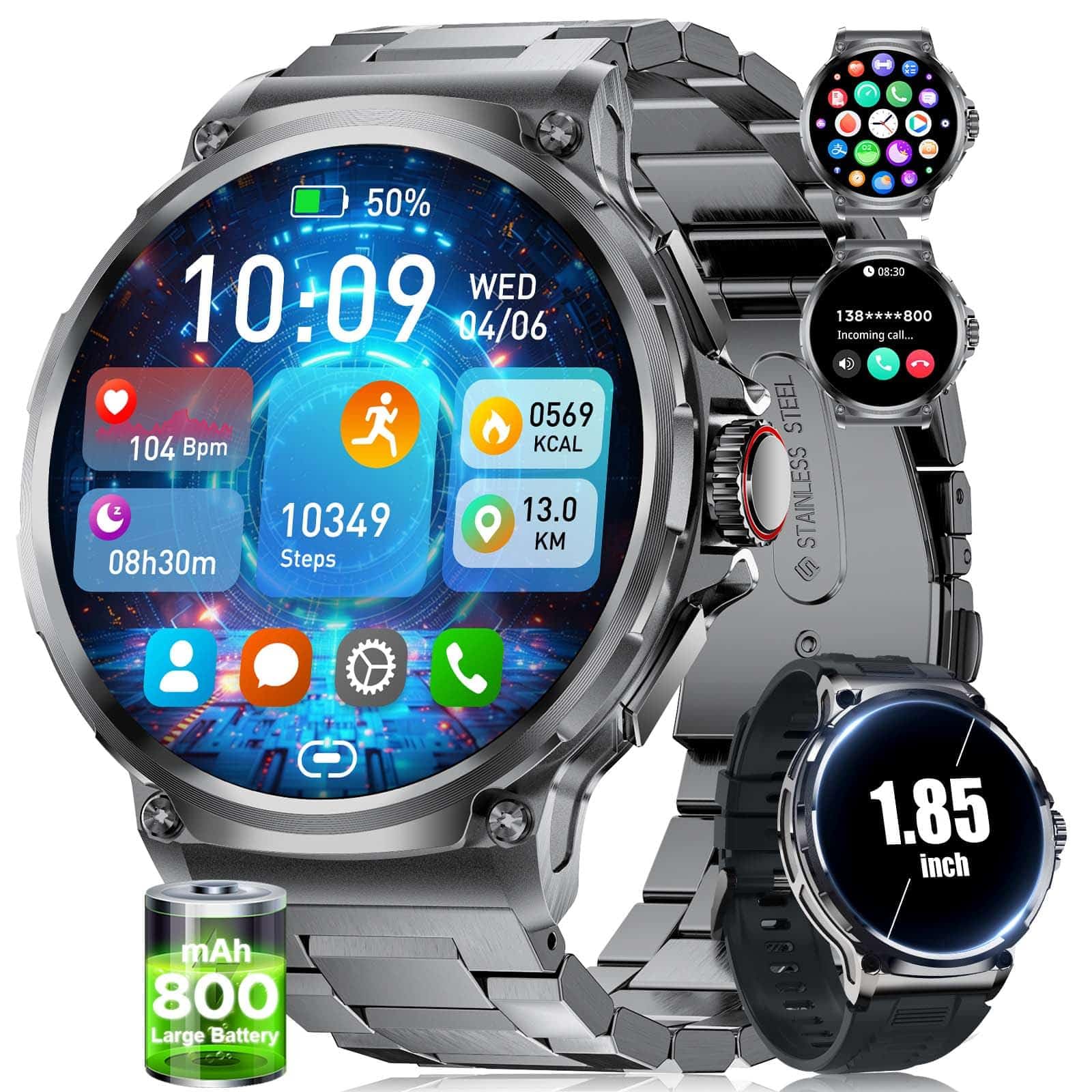 Sunkta Military Smart Watch For Men,1.85 '' Hd/800Mah Battery Smart Watches For Android Ios (Bluetooth Call Answer/Calls) Fitnes