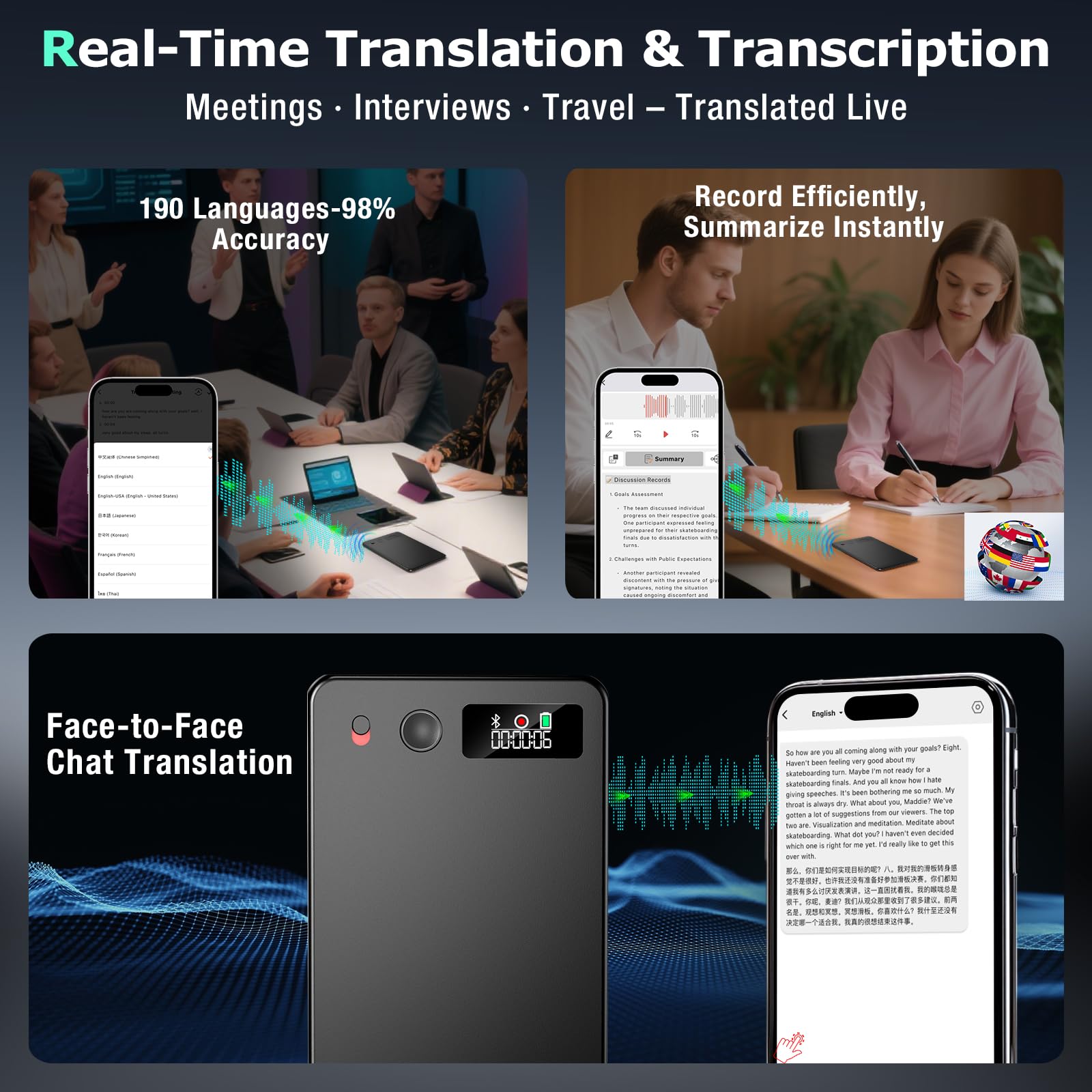 Zeoupt Ai Voice Recorder, Audio Activated Recorder With Playback, App Control, Transcribe & Summarize With Ai Technology, 190 La