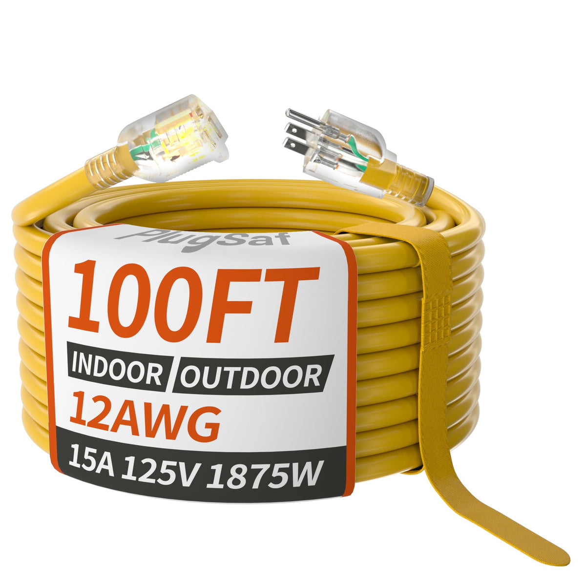 Plugsaf 100Ft 12/3 Gauge Outdoor Extension Cord Waterproof With Lighted Indicator,12 Gauge Sjtw Heavy Duty 15Amp 1875W,3 Prong C