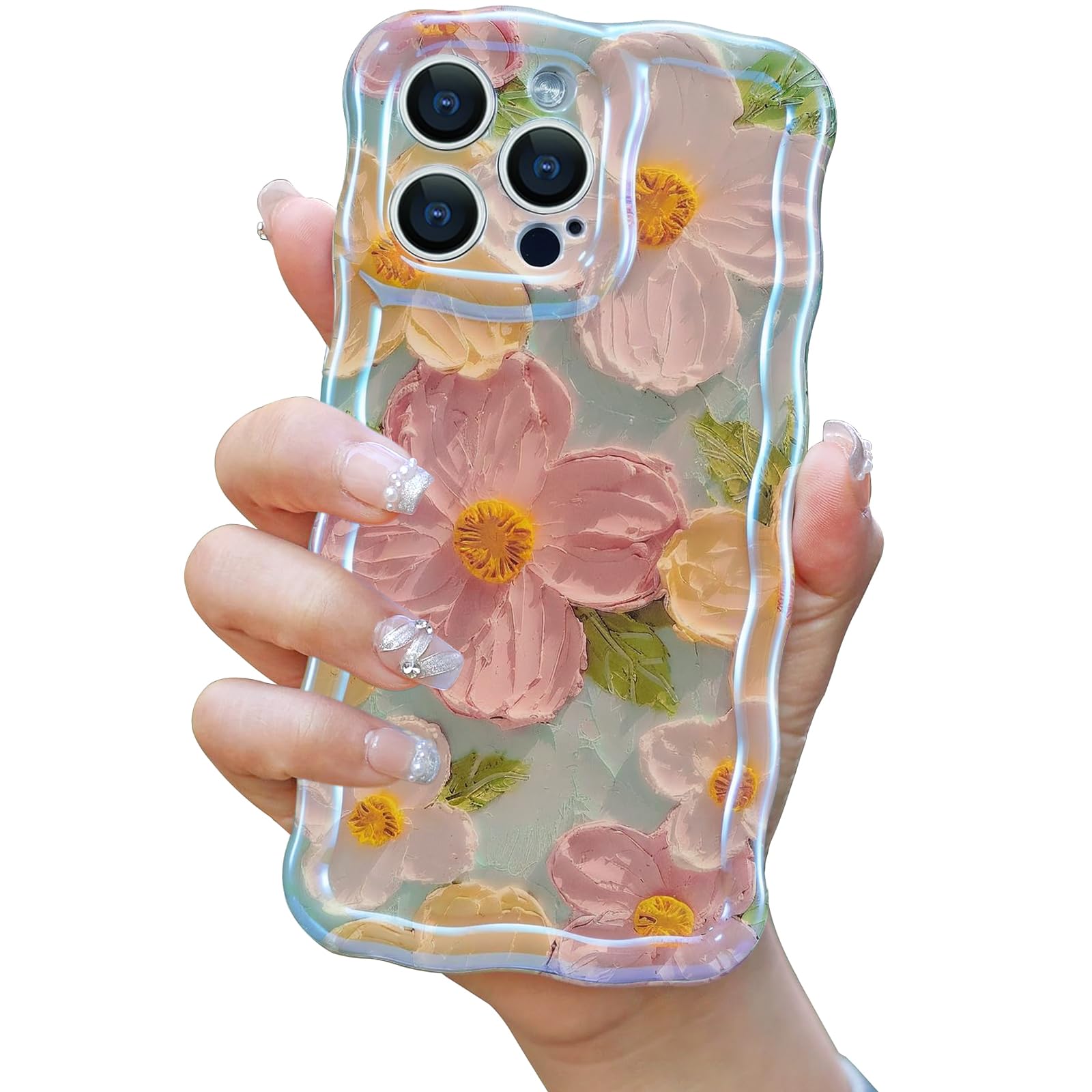 Mouzor Cute Case for iPhone 15 Pro Max, Colorful Retro Oil Painting Printed Flowers Case, Fashion TPU Floral Laser Beam Glossy P