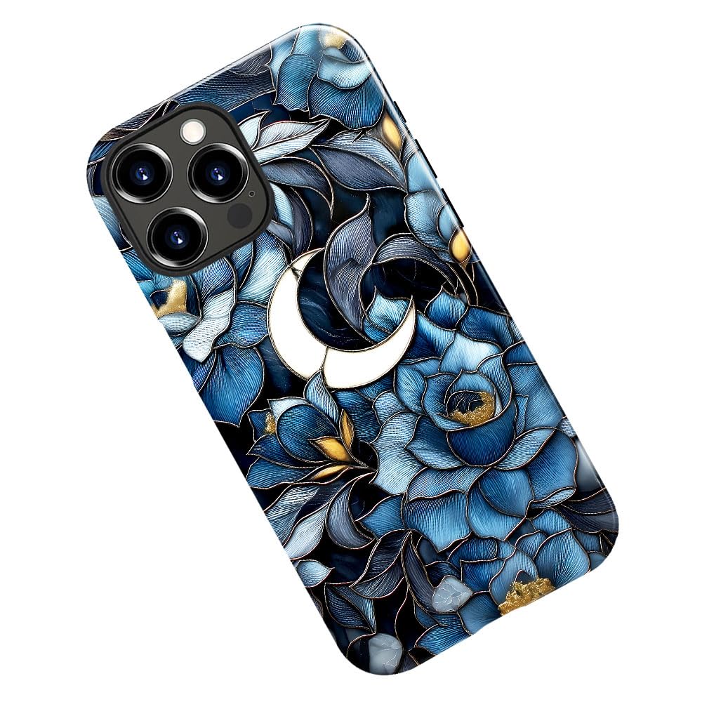 Case for iPhone 14 Pro Max,Stained Glass Floral and Moon Phone Case Military-Grade Drop Protection Cover for Women Girl - Glossy