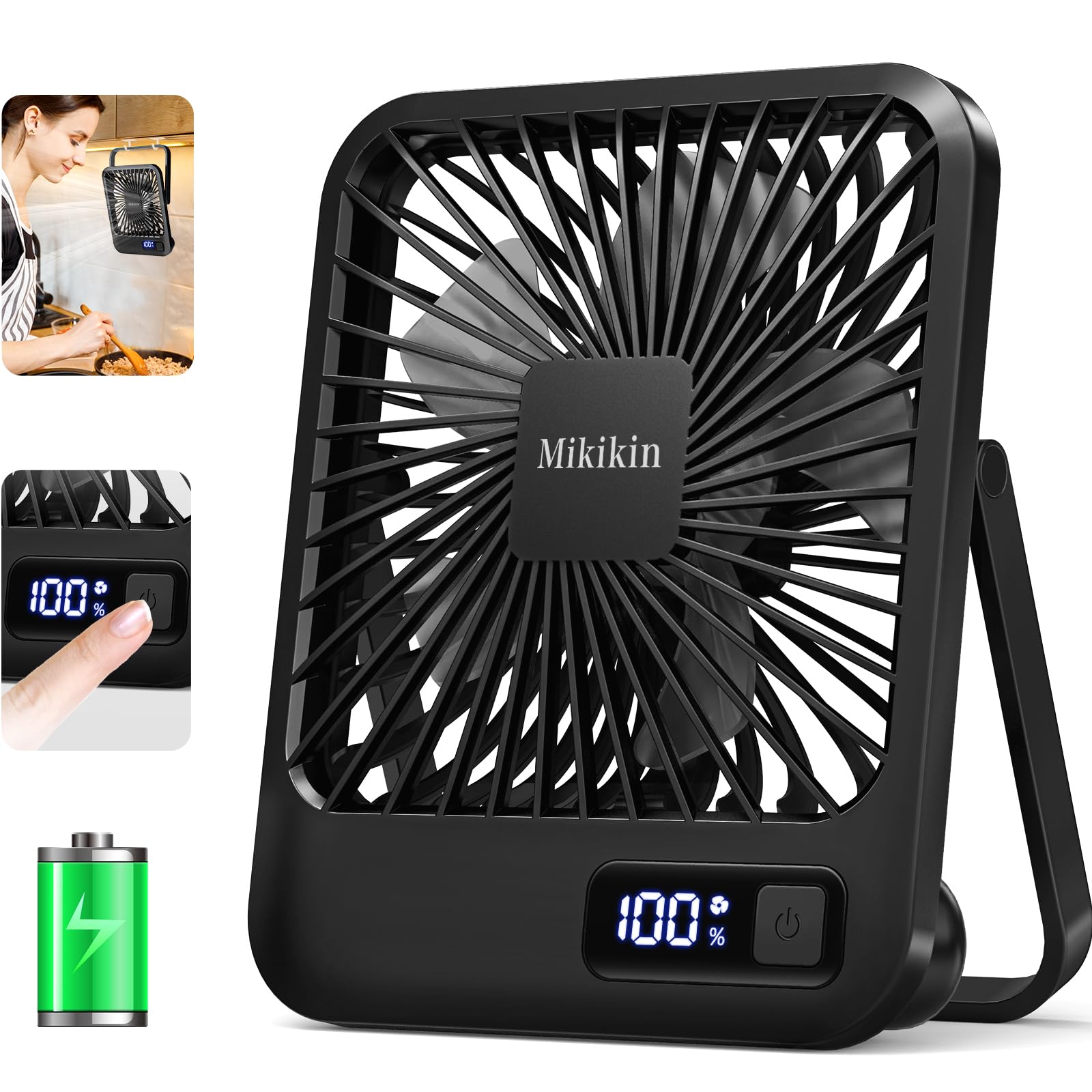 Mikikin Desk Fan Battery Operated, Portable Usb Rechargeable Fan, 2000Mah 180 Tilt Folding Personal Fan With Power Display, 5 Sp