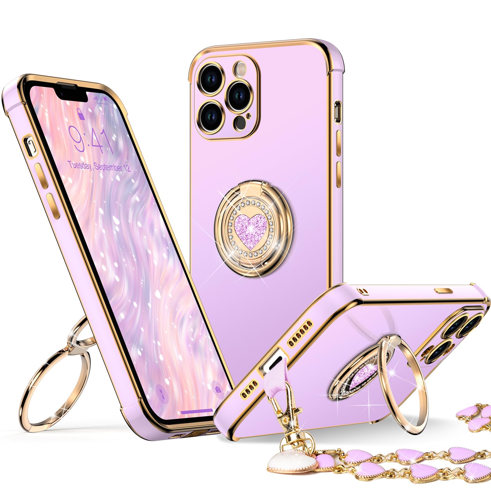 Xyz For Iphone 13 Pro Max Case With Stand, Phone Case With Double Ring Kickstand, Women Girls Bling Luxury Protective Case Heart