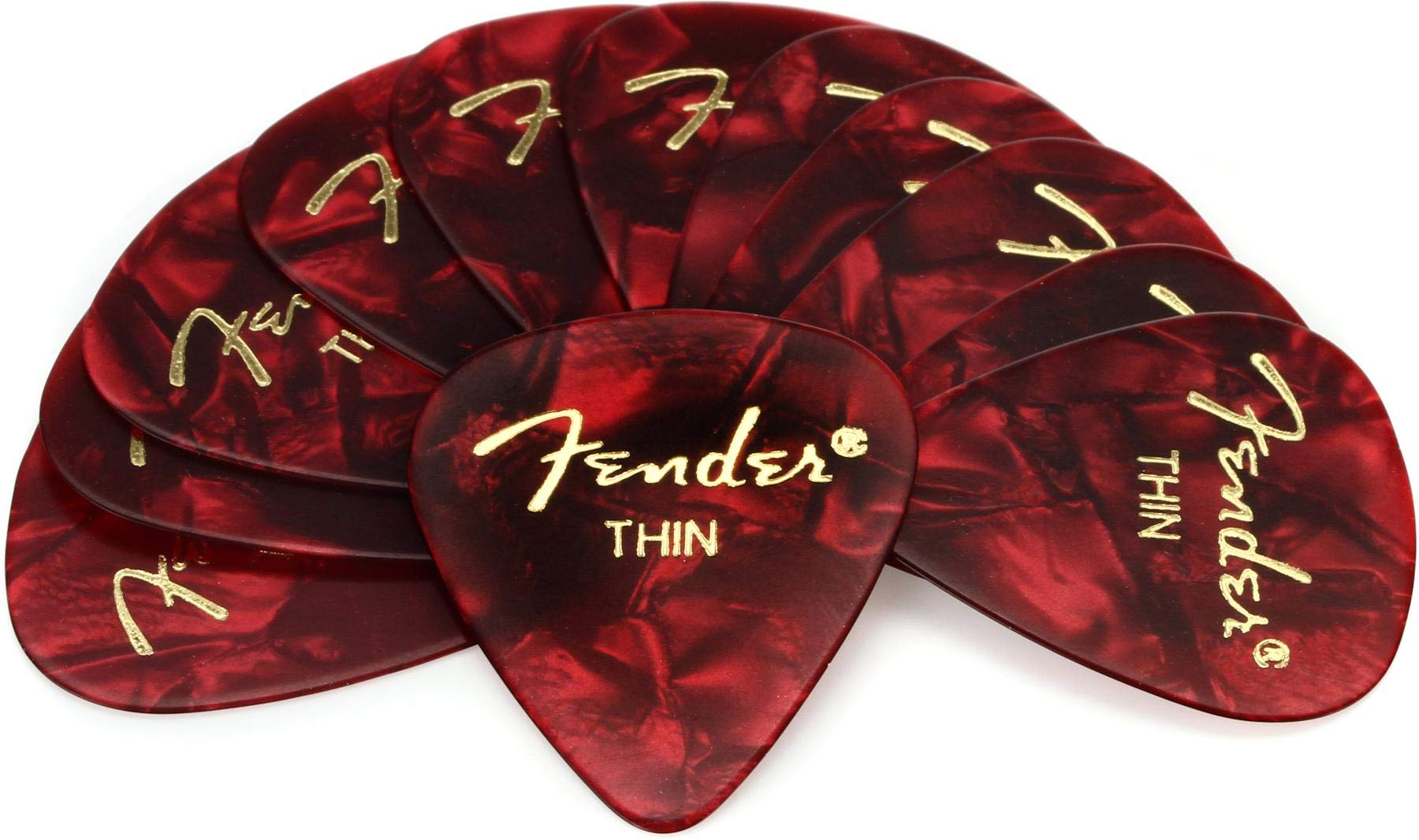 Fender 351 Shape Thin Classic Celluloid Picks, 12 Pack, Red Moto For Electric Guitar, Acoustic Guitar, Mandolin, And Bass