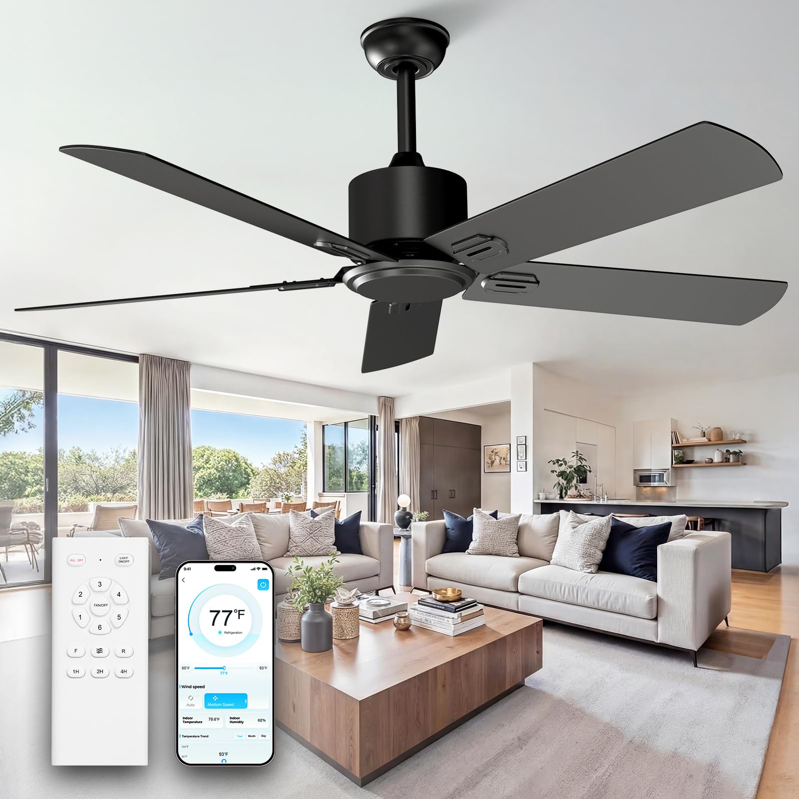 Obabala 52 Inch Ceiling Fan No Light, Modern Black Ceiling Fan Without Light with Remote & APP, Quiet Reversible DC Motor, 6-Spe