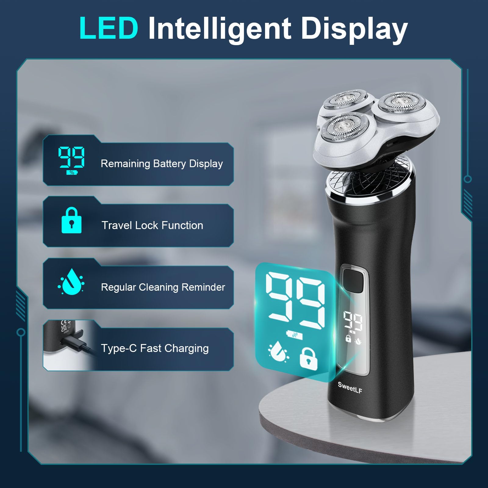 Electric Razor For Men With Travel Case, Sweetlf 100% Waterproof Electric Shaver,Wet Dry Shaving/Rechargeable/Sideburns/Trimmer/