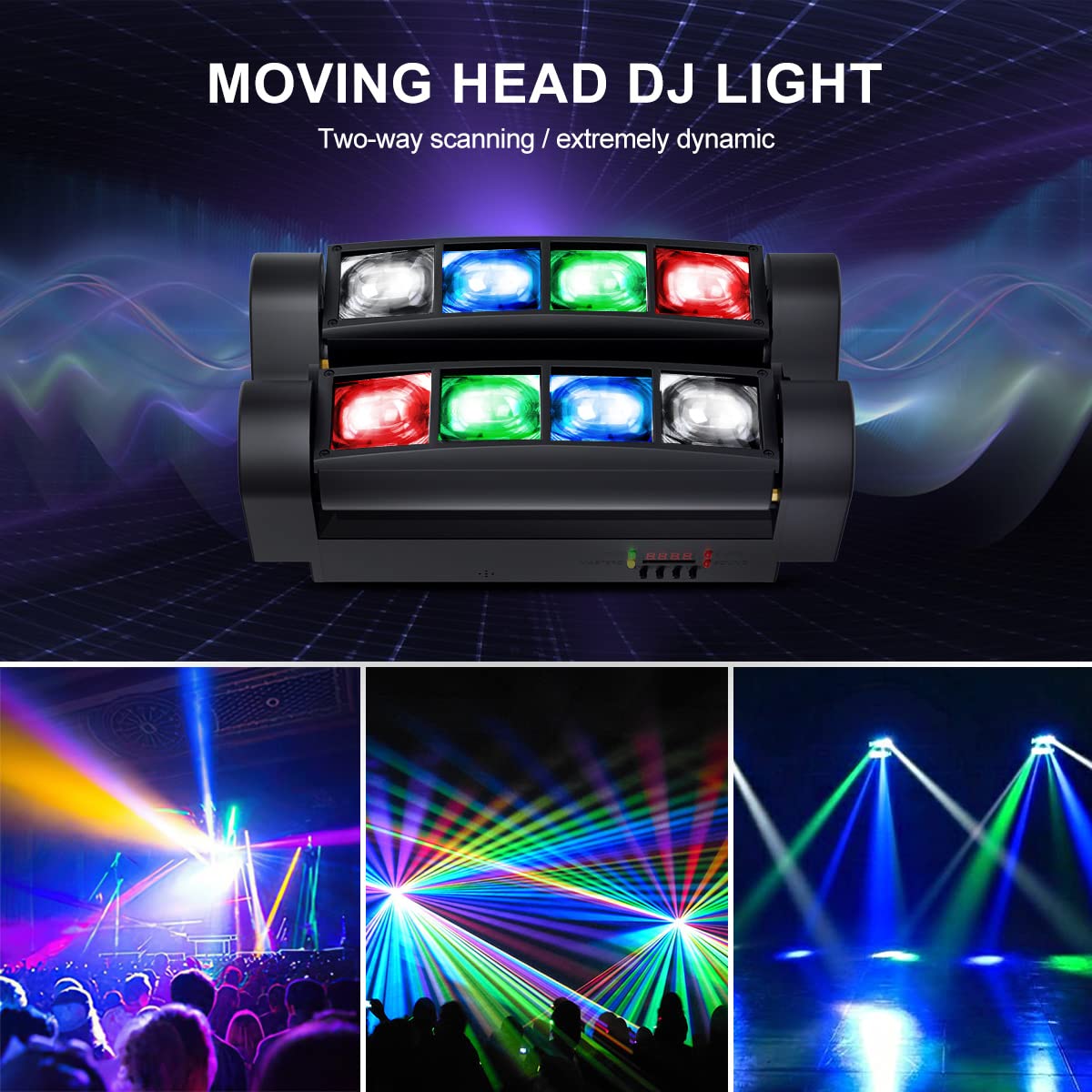 Seven Stars Moving Head Dj Light, 8 Beams Spider Led Stage Light, Master Slave/Dmx/Sound/Auto Control Modes, Rgbw 4 In 1 Spotlig