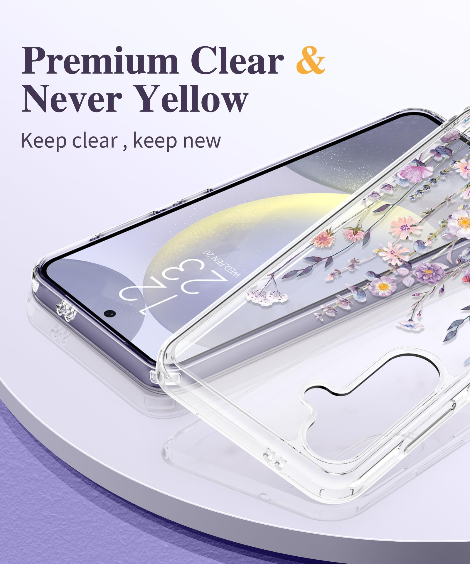 Gviewin For Samsung Galaxy S24 Case Floral, With Screen Protector & Camera Lens Protector, Hard Pc&Tpu Bumper Clear Shockproof P