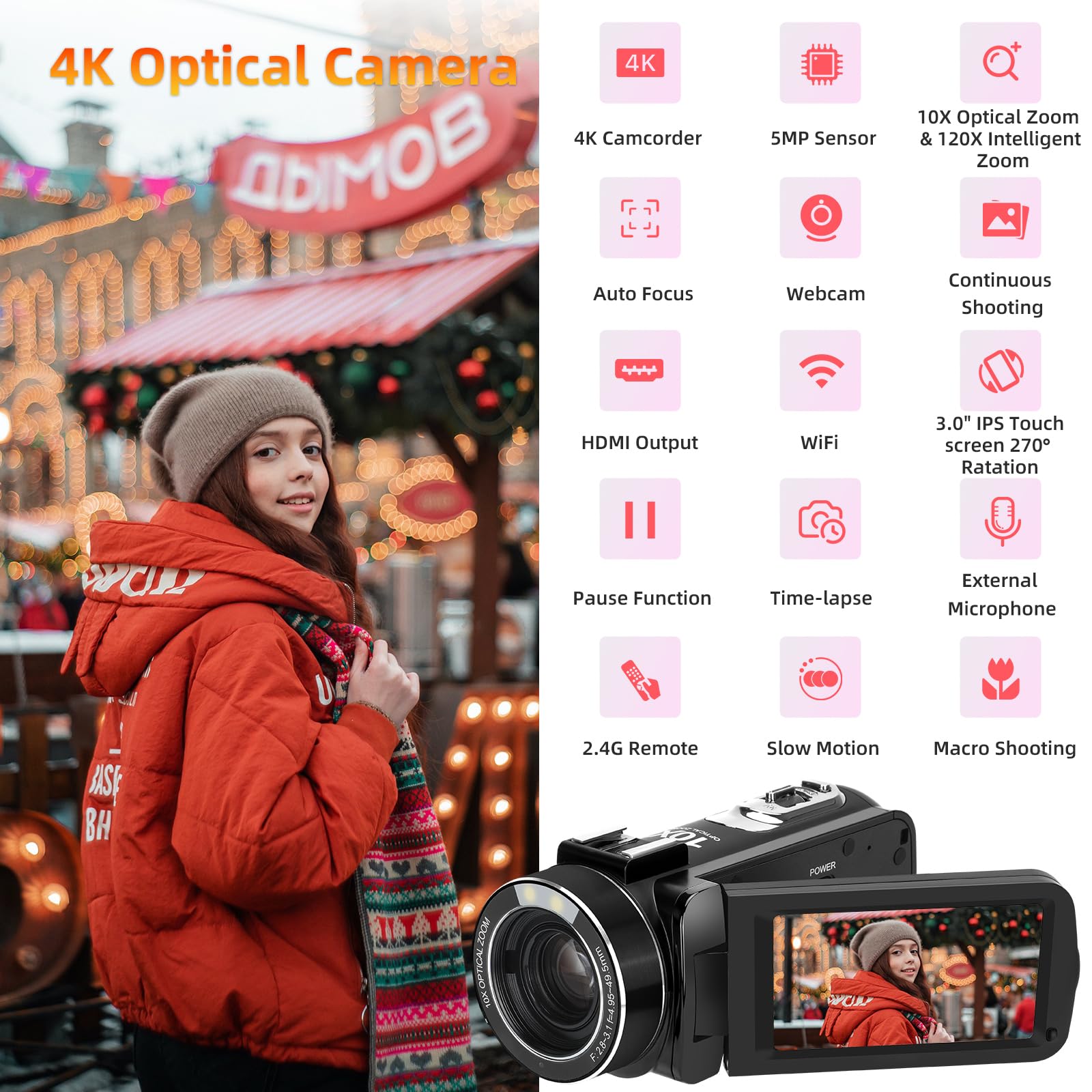 Video Camera 4K Camcorder With 10X Optical Zoom & 120X Intelligent Zoom, 4K 30Mp Wifi Youtube Video Streaming Camera 3.0' Ips Touch Screen Digital Camera With Microphone, Wide Angle Lens, 32G Card