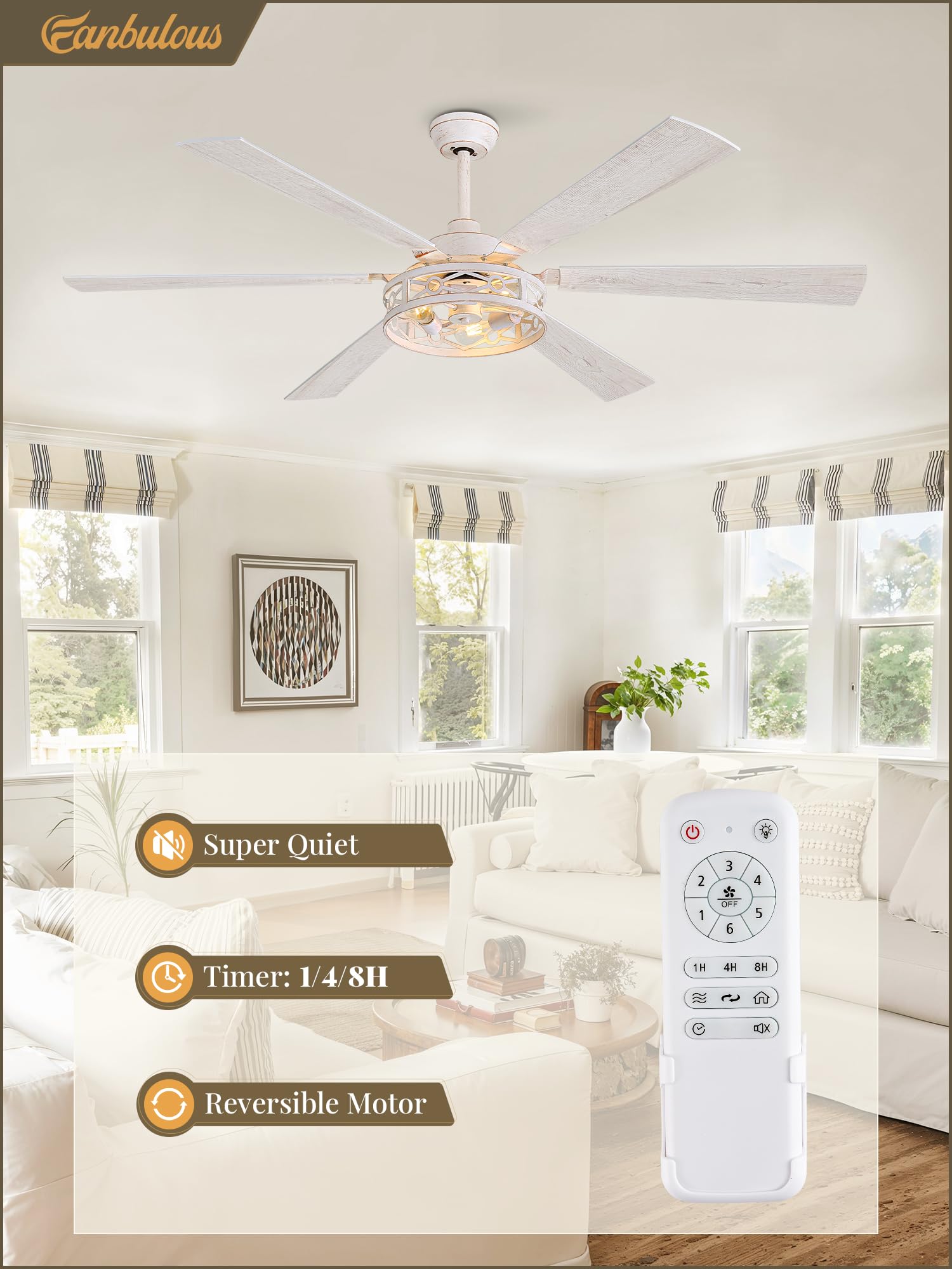 Fanbulous 65 Inch Ceiling Fan With Lights, Farmhouse Caged Ceiling Fans With Remote, White Industrial Ceiling Fans With Quiet Re