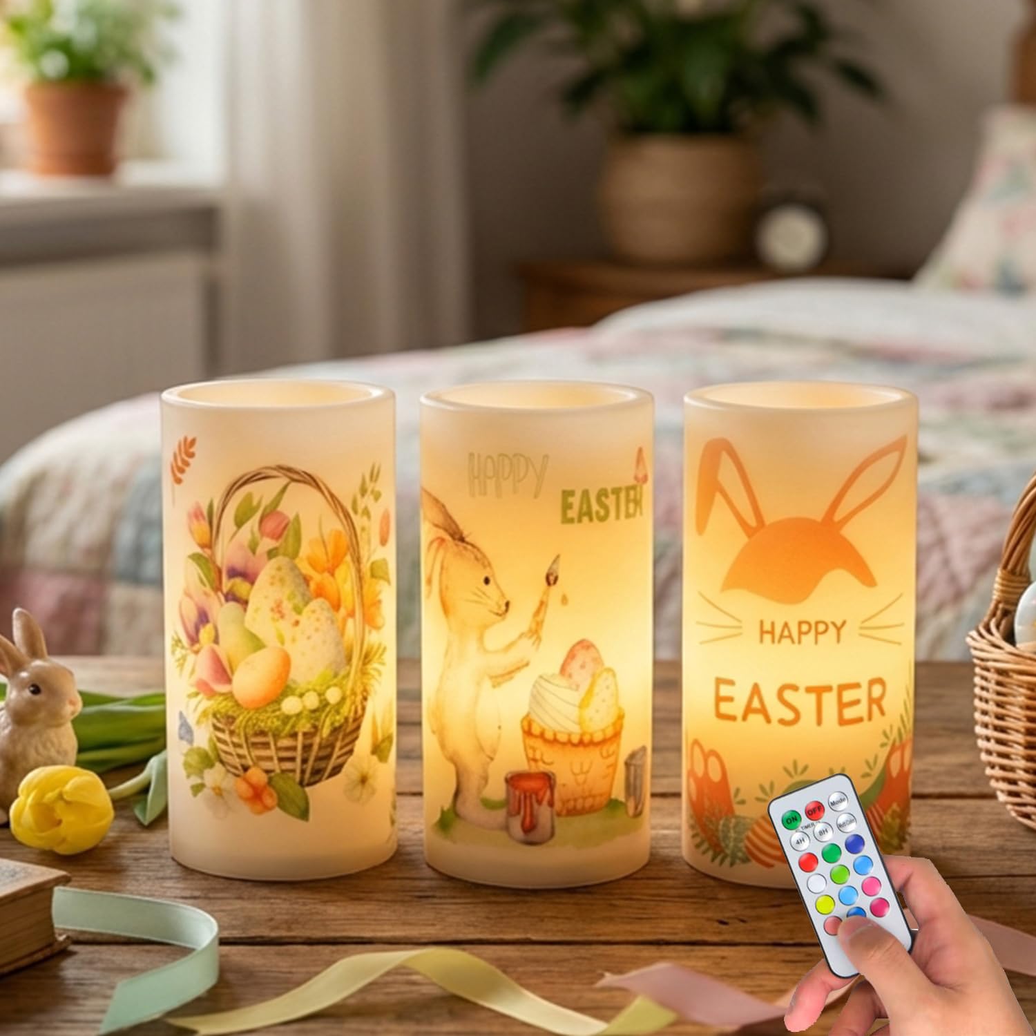 Aulaygo 3PCS Easter Flameless Candles with Remote Control,Happy Easter Bunny Flower Rabbit Spring LED Candle Battery Operated fo