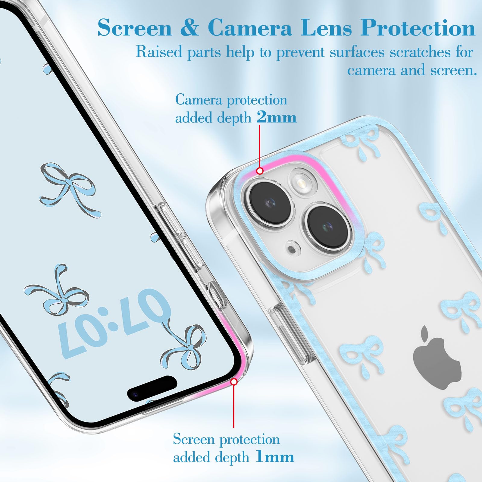 Eyzutak Case For Iphone 15 Plus, Clear Cute Ribbon Bowknot Pattern Aesthetic Transparent Phone Case Raised Camera Protection Sty