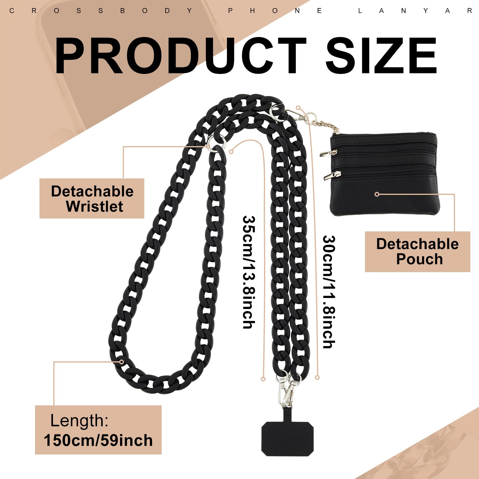 Bememo Clip And Go Strap For Phone With Wallet, Adjustable Crossbody Universal Phone Chains With Zippered Pouch For Women (Black