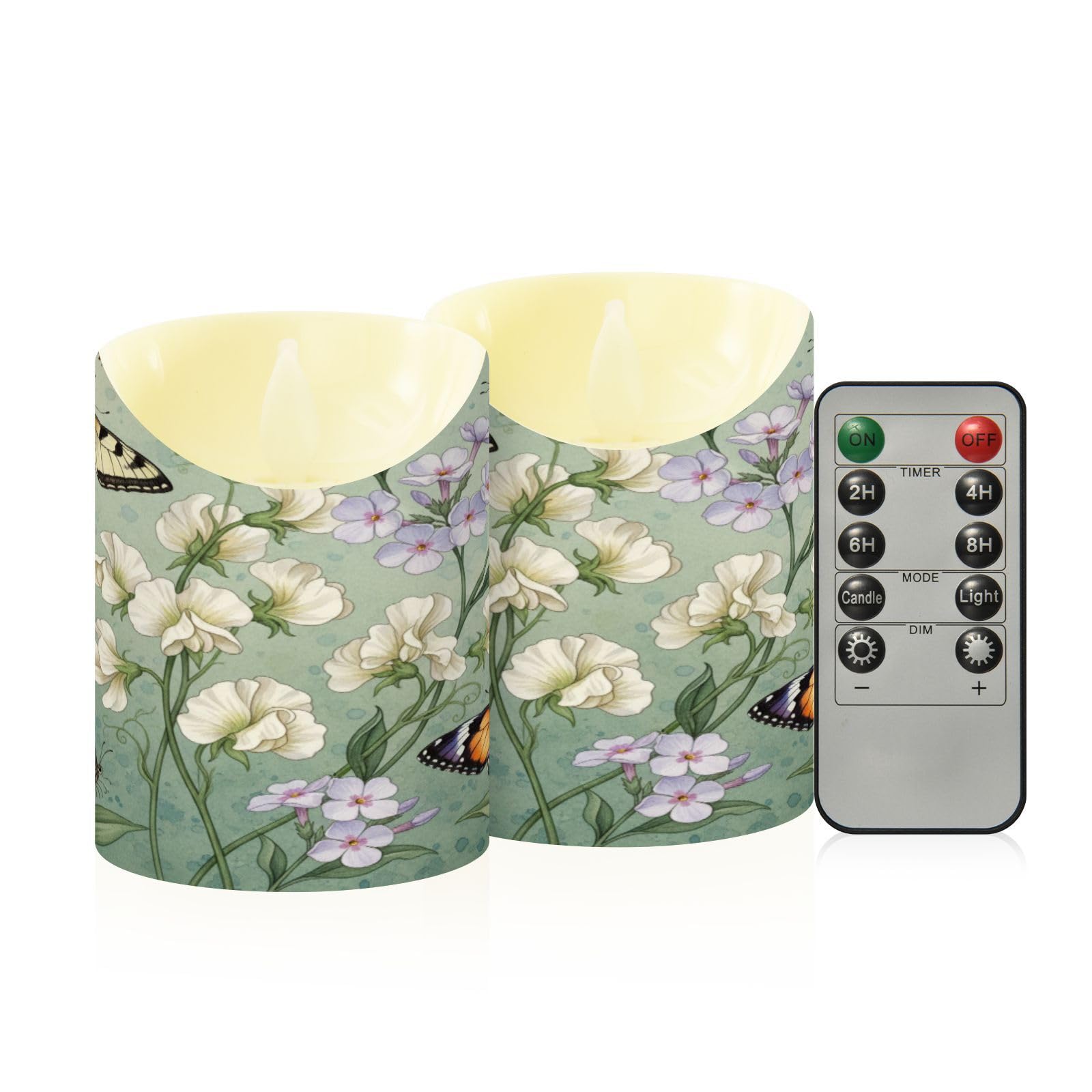 ALAZA Cute Phlox Sage Green Floral Buttefly Flickering Flameless Candles Battery Operated with Remote Timer,Tea Light Candles LE