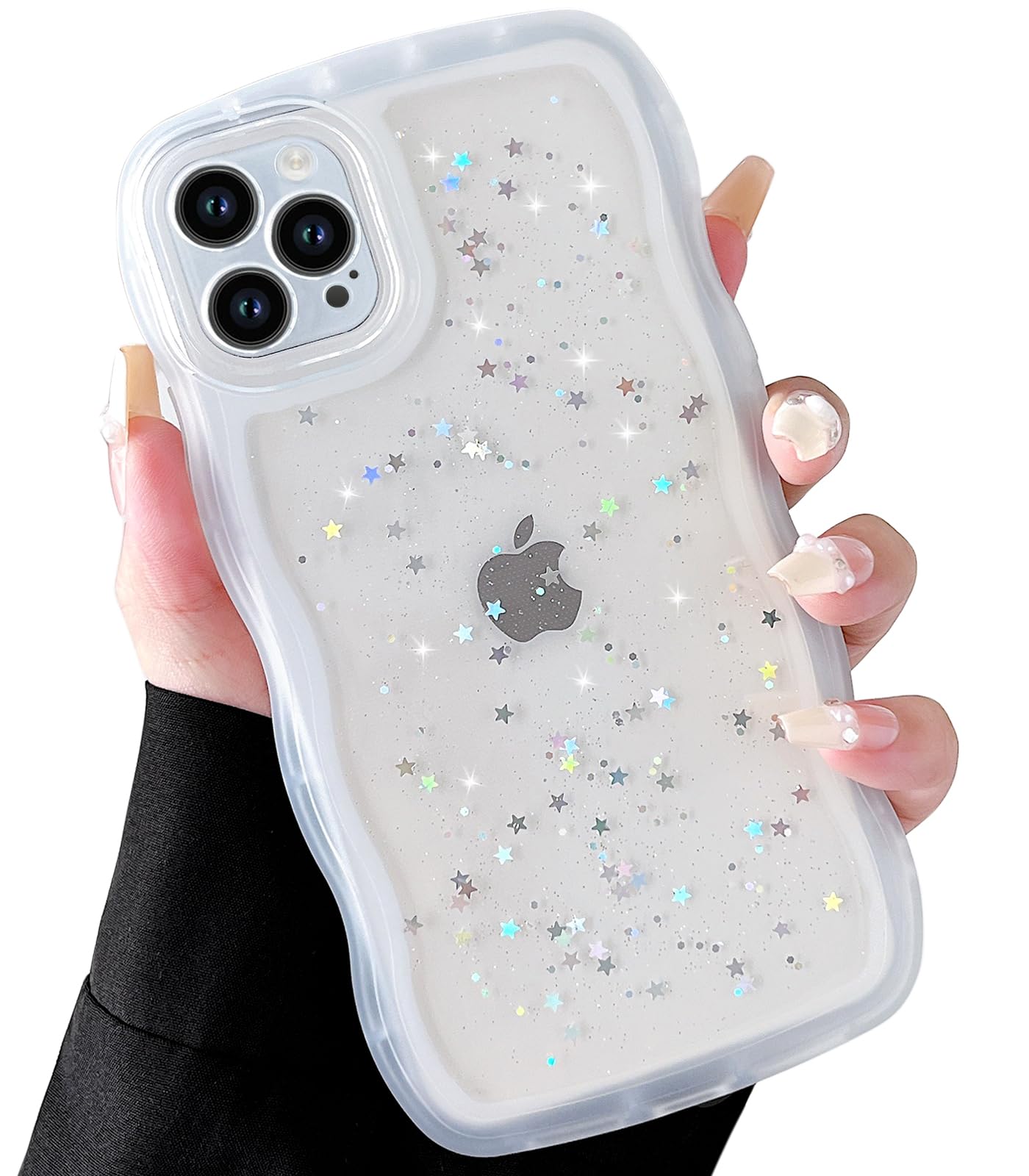 Qokey For Iphone Xs Max Case 6.5'' Curly Wave Edge Design Transparent Bling Glitter Star Shiny Case Cute Clear Transparent Full