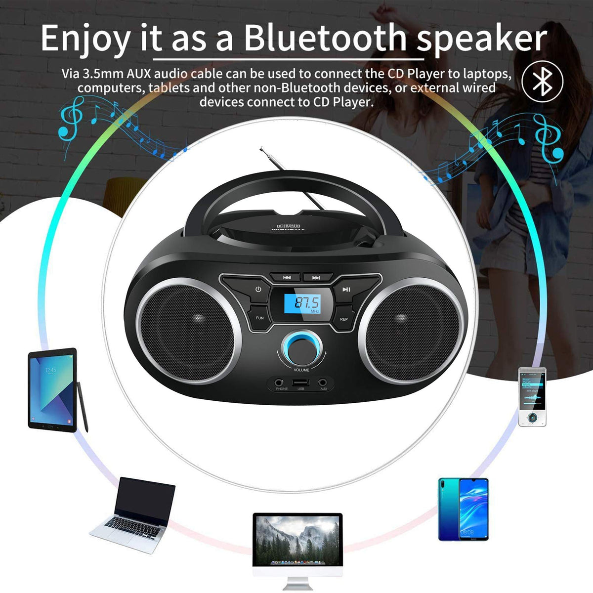 Portable Radio Cd Player Boombox With Bluetooth & Fm Radio, Usb Port ...