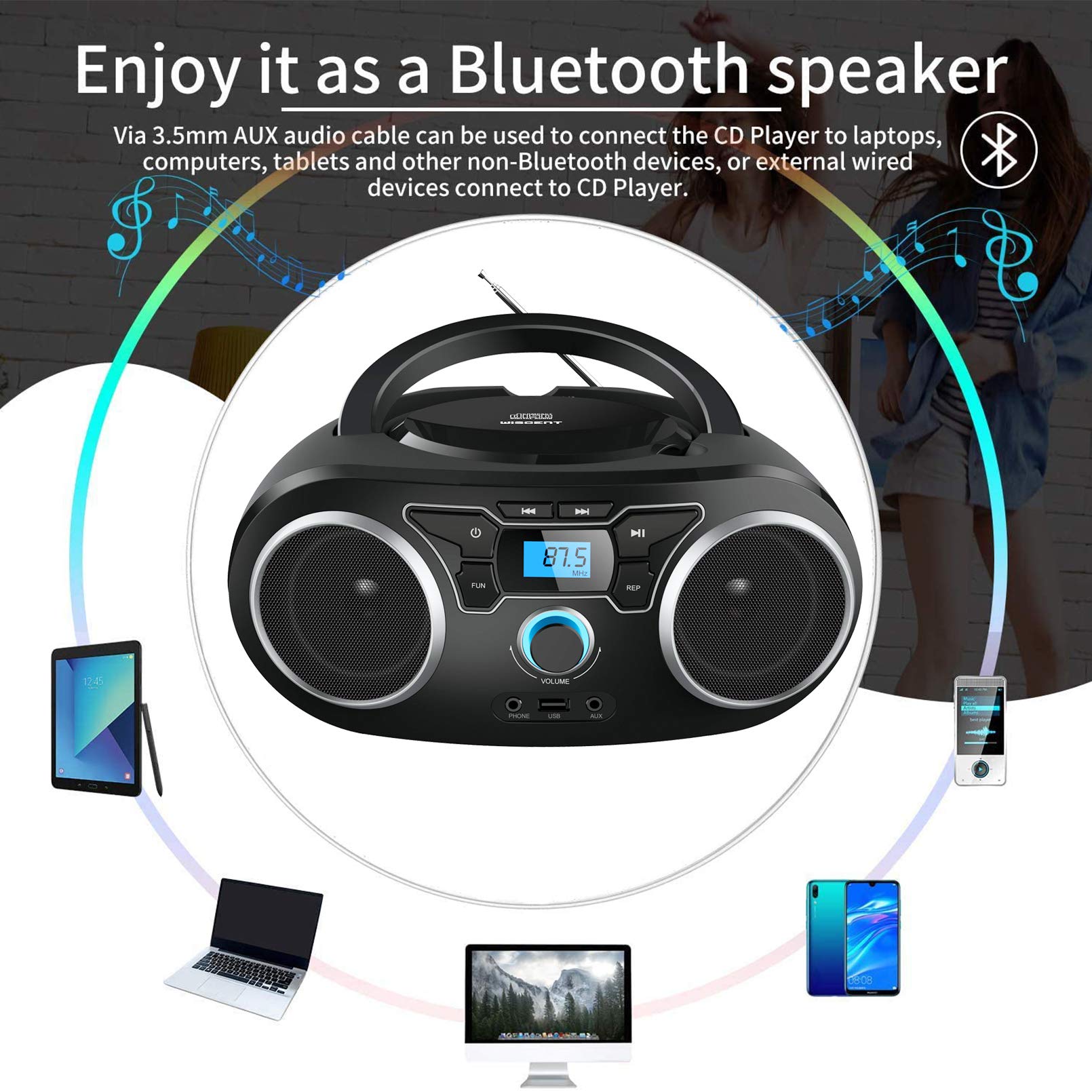 Portable Radio Cd Player Boombox With Bluetooth & Fm Radio, Usb Port, Aux Input, Headphone Jack,Compact Cd Player Radio Stereo S