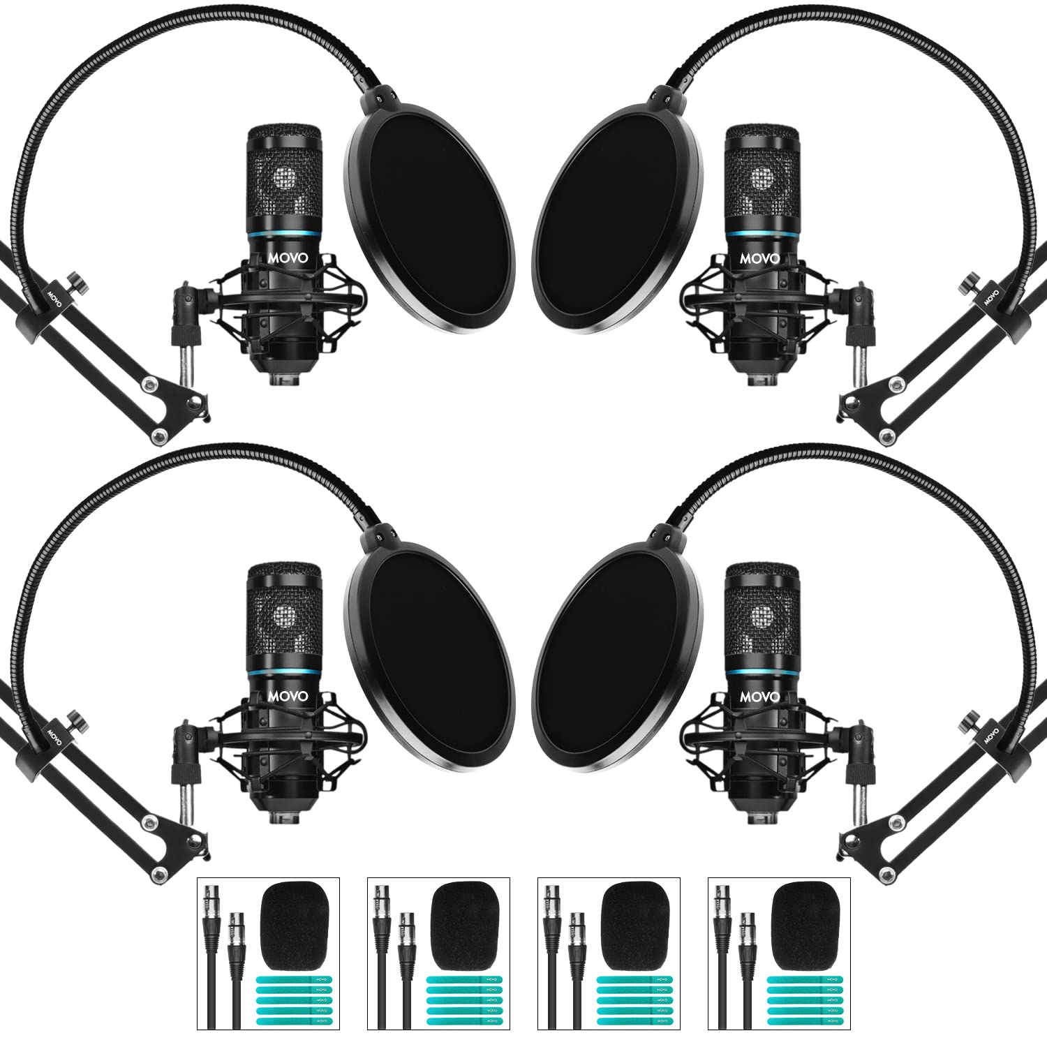 Movo Podpak4A 4 Pack Universal Xlr Condenser Microphone Podcast Equipment Bundle For 4   Includes Cardioid Mics, Desk Mount Stan