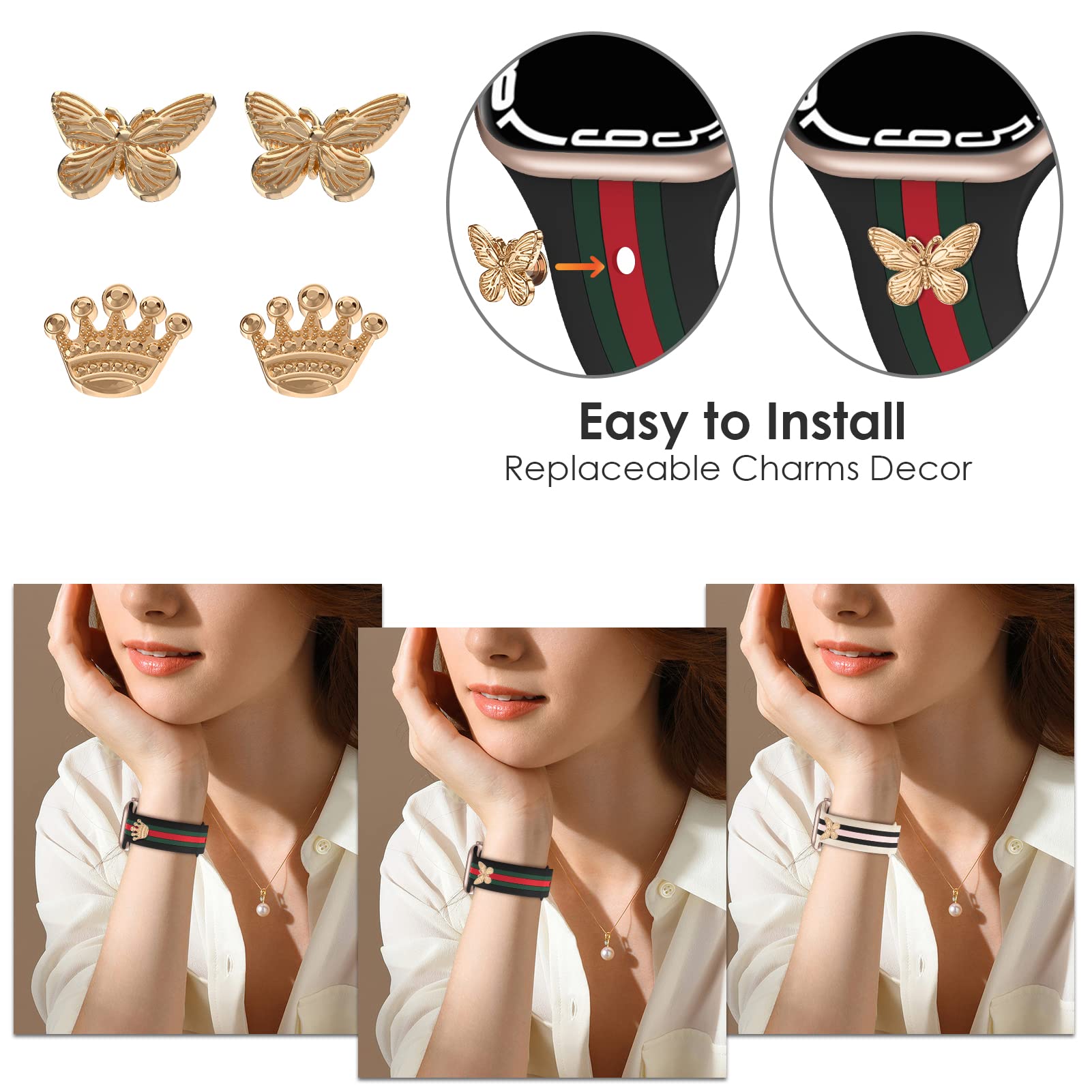 2 Pairs Watch Band Charms Compatible With Apple Watch Band 38Mm 40Mm 41Mm 42Mm 44Mm 45Mm 46Mm 49Mm Women, Stylish Metal Designer