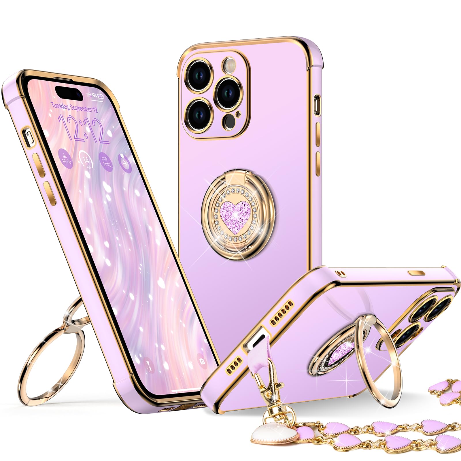 Xyz For Iphone 15 Pro Case With Stand, Phone Case With Double Ring Kickstand, Women Girls Bling Luxury Protective Case Heart For