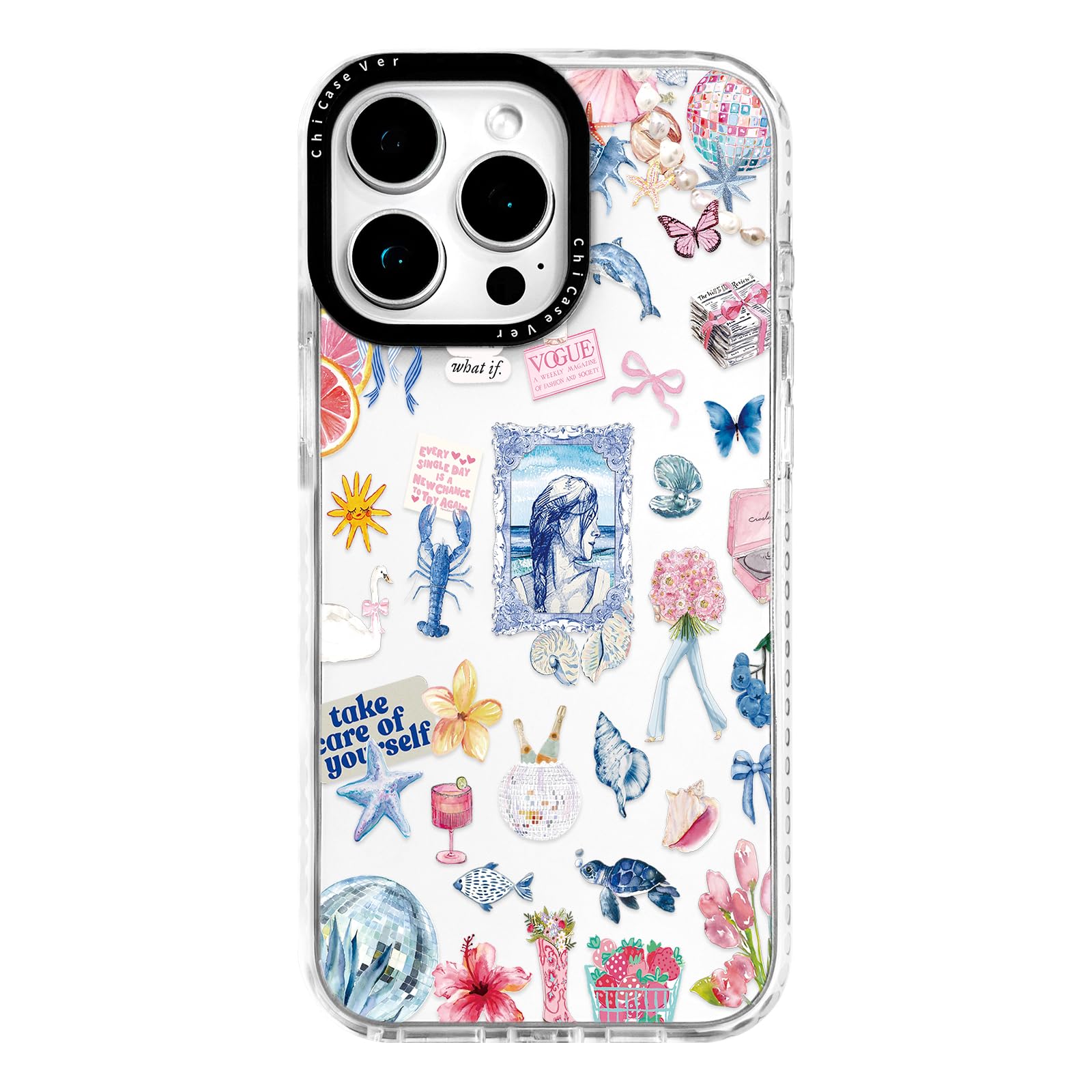 ChiCaseVer for iPhone 15 Pro Case, Ocean Self-Care Collage Pattern with Sea Creatures, Military-Grade Drop Protection, Aesthetic