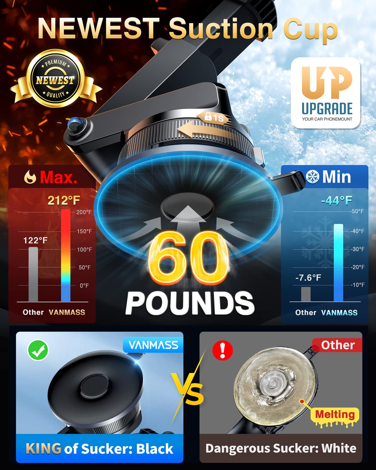 Vanmass [Pro Version] Universal Car Phone Mount [Super Suction Cup] Dashboard Phone Holder, Handsfree Windshield Dash Vent Phone