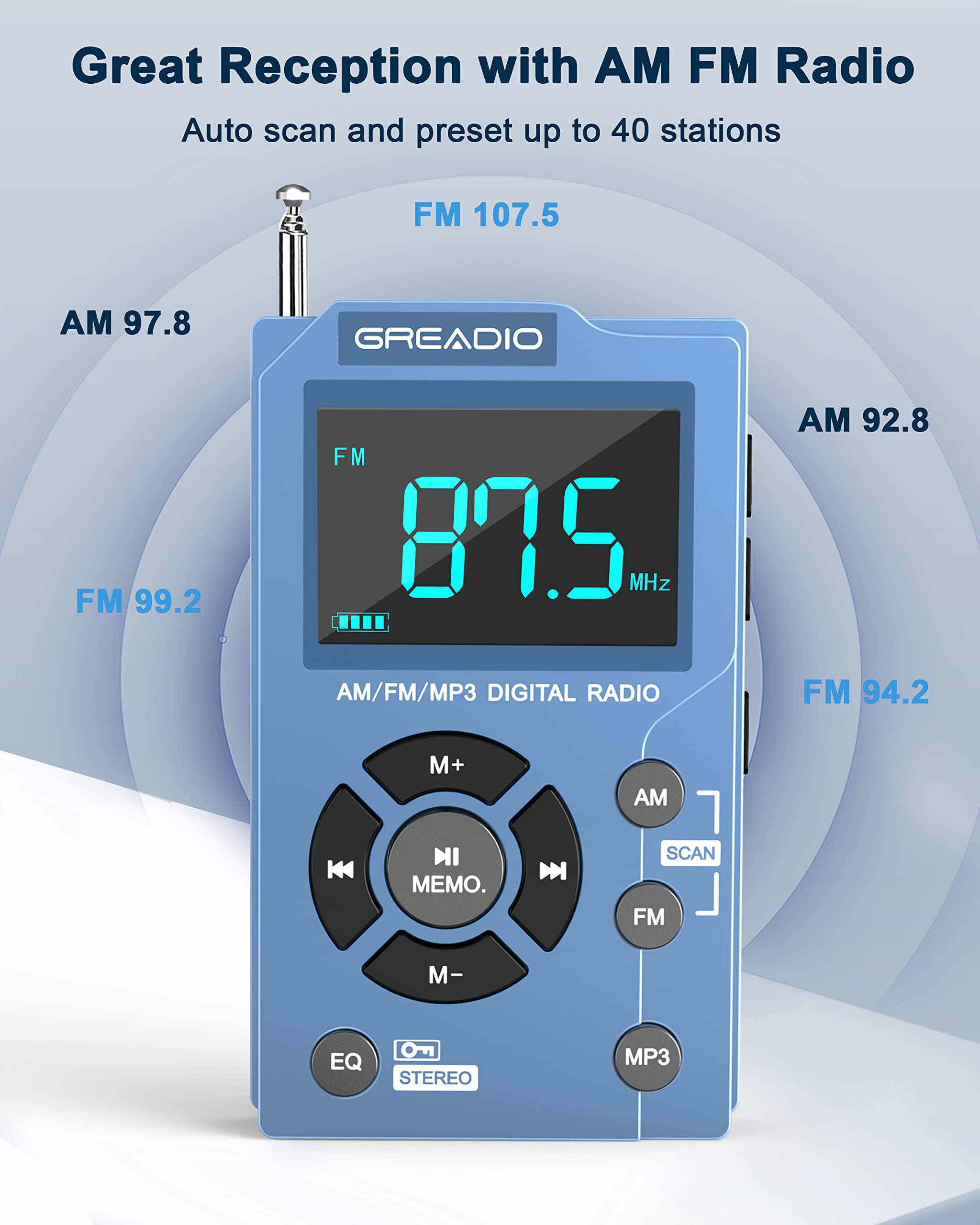 Greadio Radios Portable Am Fm With Mp3 Player,Best Reception Pocket Radio, Large Lcd Screen And Easy To Use, 6 Eq Stereo,Earphone Jack Walkman Radio,For Jogging,Walking,Camping Am Fm Radio