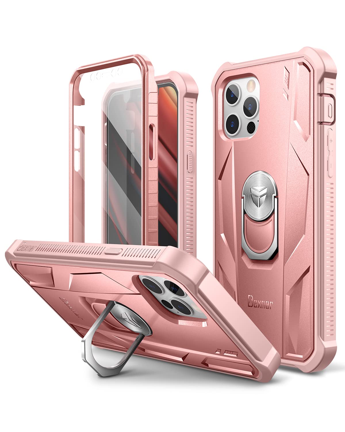 Dexnor Rugged Full Body Case For Iphone 12/12 Pro (6.1 Inches) With Screen Protector & Ring Kickstand Car Mount, Slim Shockproof
