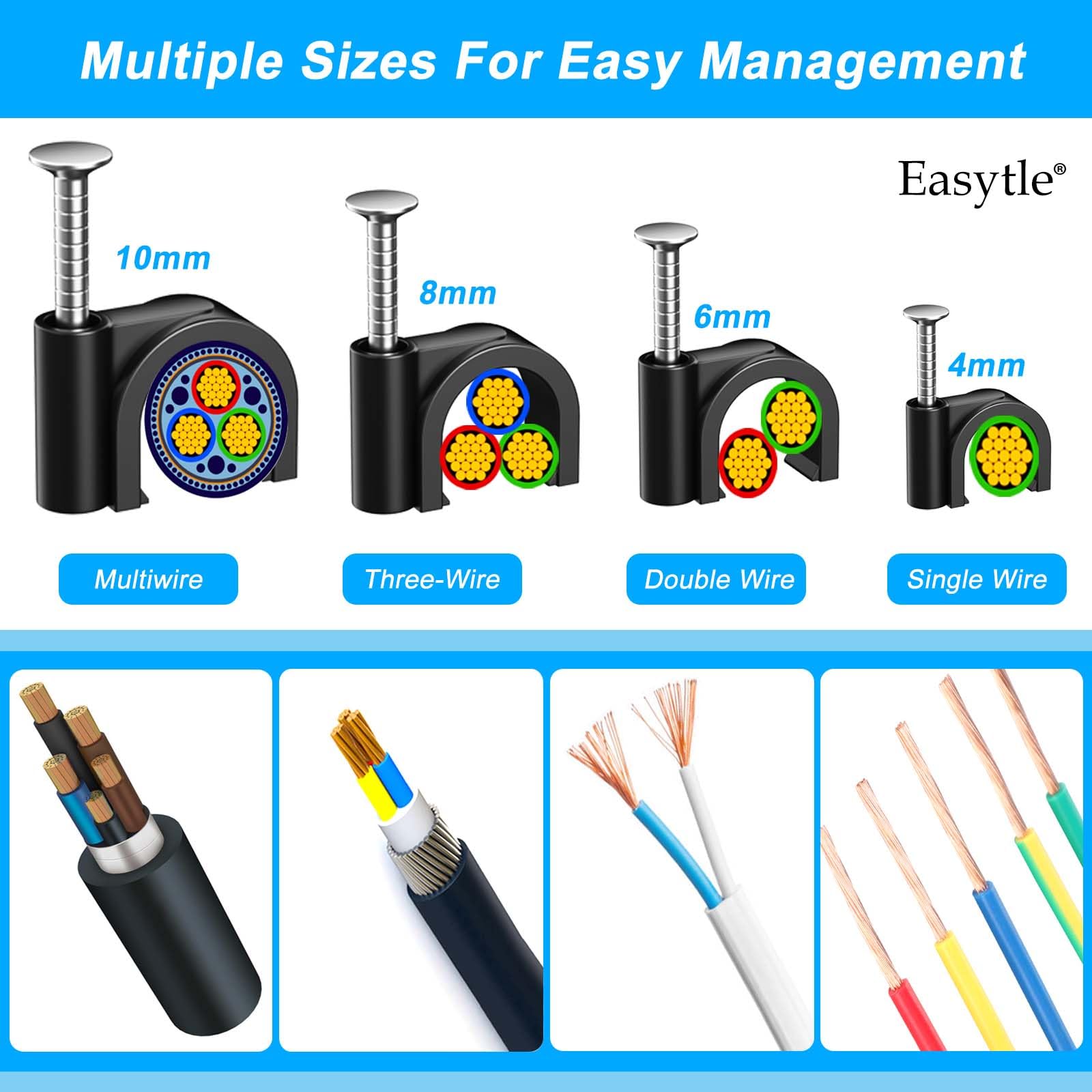 400Pcs Black Cable Clips 4/6/8/10Mm Cable Wire Clips Nail In Cable Clips Cable Tacks Coaxial Nail Clamps Cable Nails For Cords C