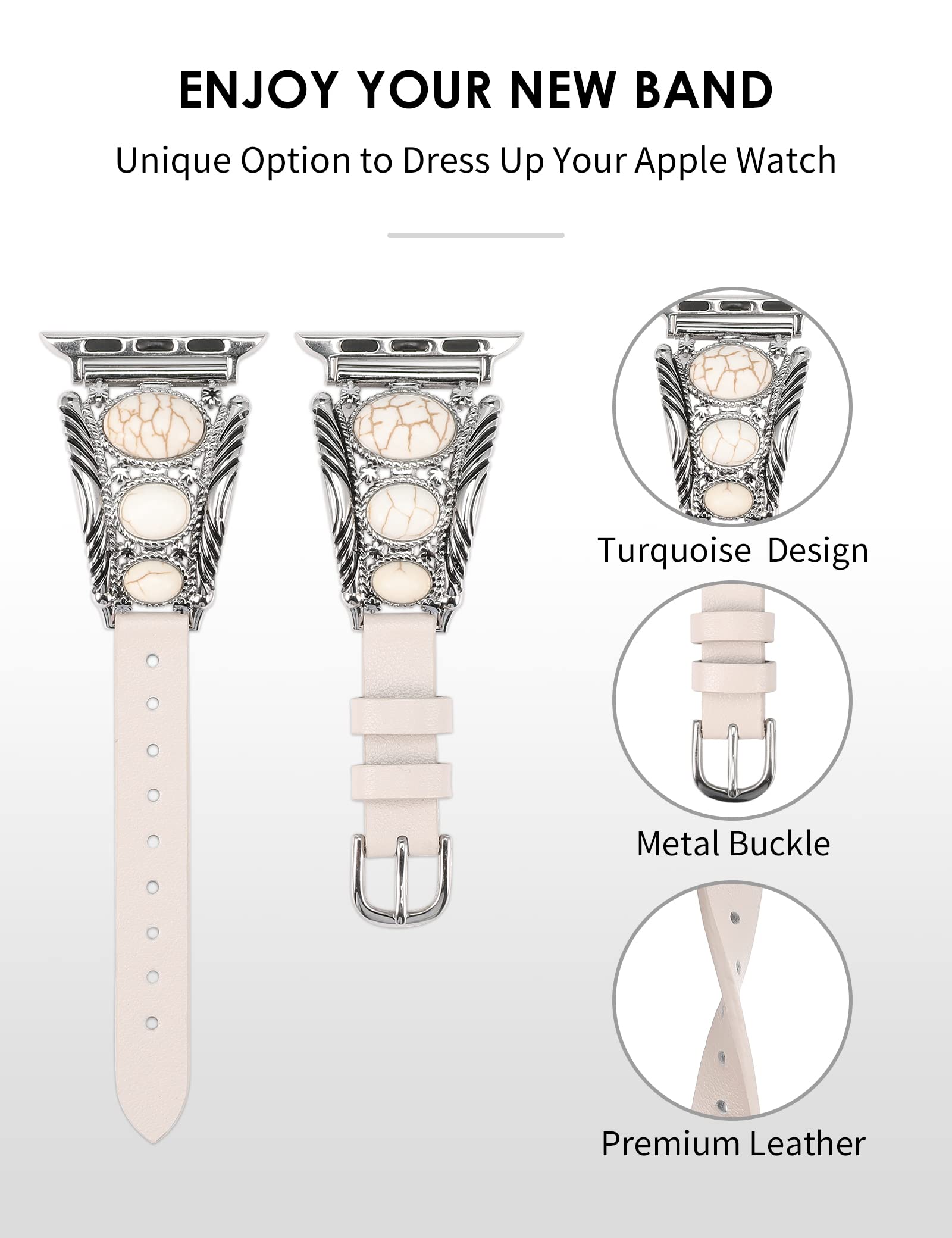 Minyee Leather Band Compatible With Apple Watch Band Women 38/40/41/42/44/45/49Mm, Boho Turquoise Designer Western Vintage Ethni