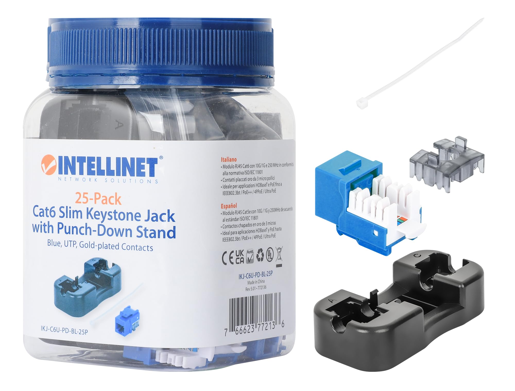 Cat6 Slim Keystone Jack With Punch-Down Stand, Blue, 25-Pack