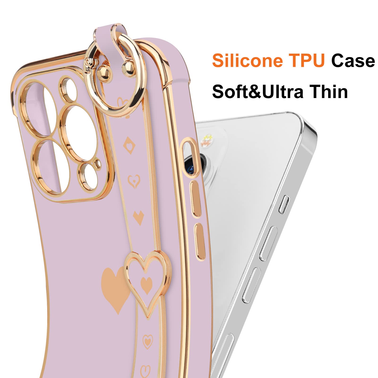 Llz.Coque For Iphone 13 Pro Case Cute Love Heart Plating Wristband Phone Cover For Women Girls Bling Soft Silicone Camera Lens P