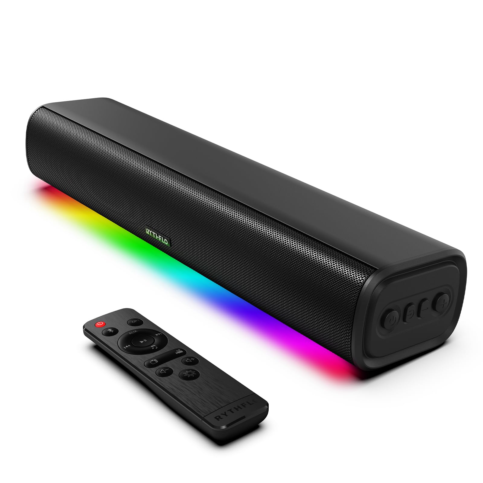 Rythflo Sound Bars For Tv 16 Inch, Cinematic Tv Bluetooth Sound Bar With Impactful Bass, Dynamic Lights And Remote Control, Wall