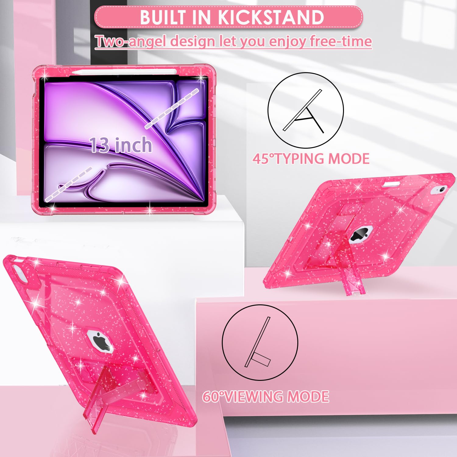 Zonefoker For New Ipad Air 13 Inch Case 2024 M2, 13'' Ipad Air Case 6Th Gen 2024 13 Inch Hot Pink Slim Cover With Pencil Holder