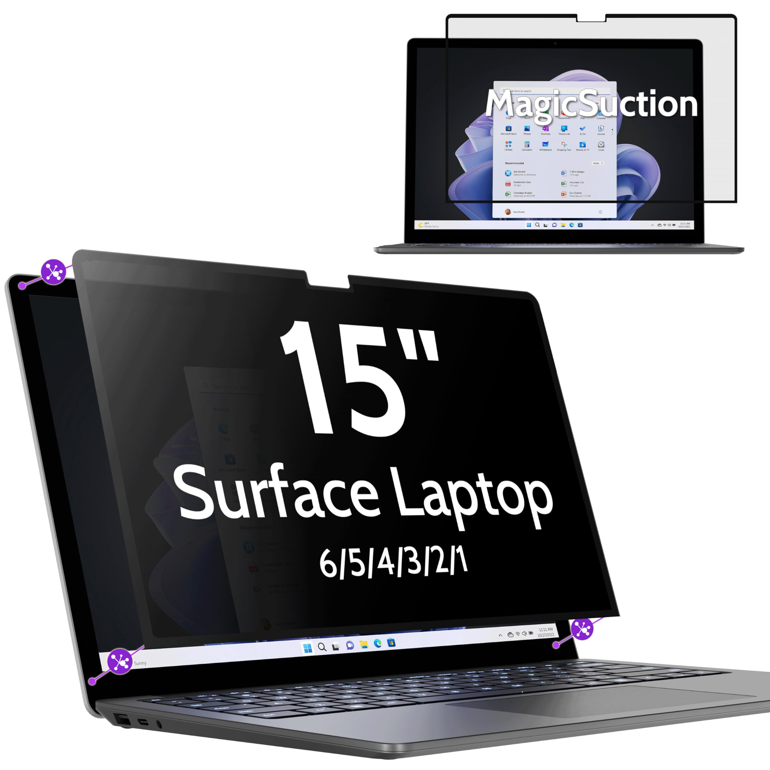 Peslv Privacy Screen For 15 Inch Surface Laptop 6/5/4/3/2/1, Magicsuction Removable Anti Spy Black Protector, Glare Blue Light F