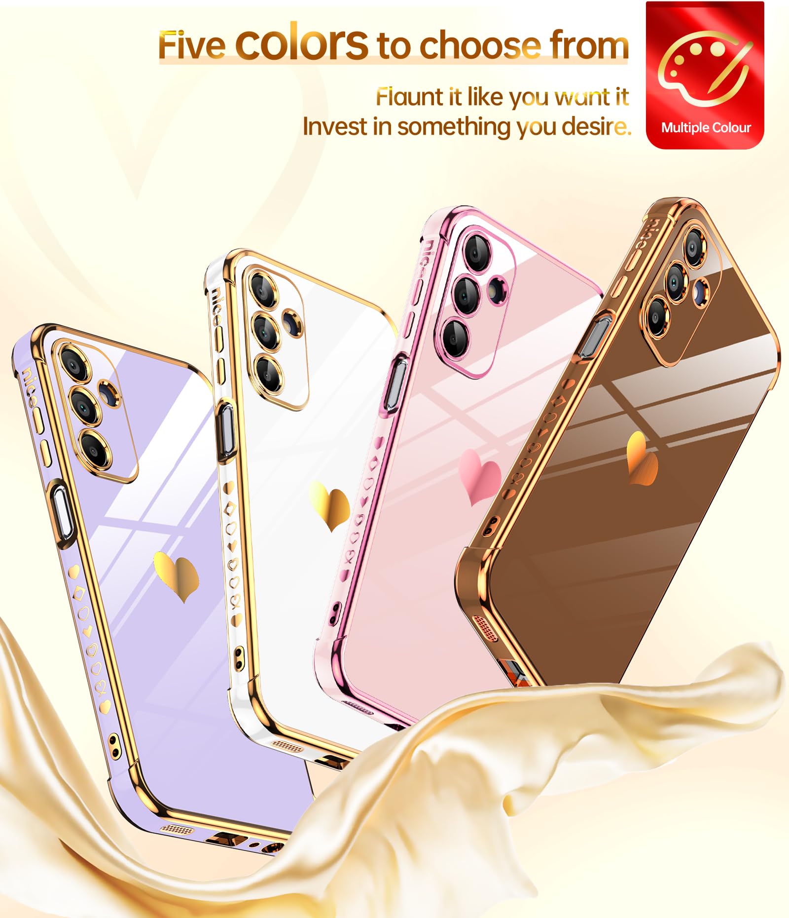 Leyi For Samsung A15 5G Case: With Tempered Glass Screen Protector [2 Pcs]+ Full Camera Lens Protection, Love Heart Plating Luxu