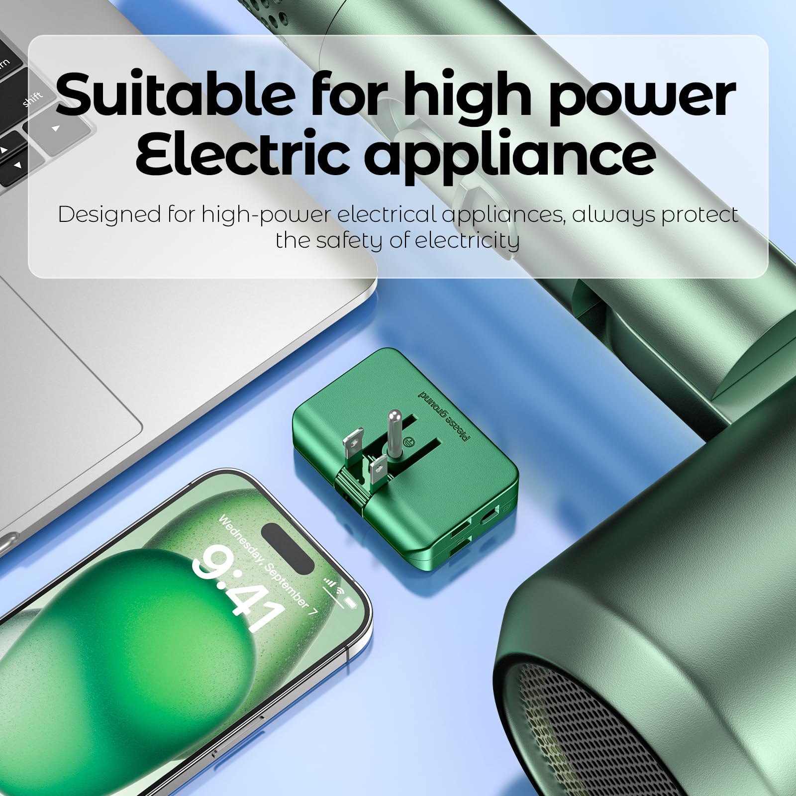 Green Outlet Splitter 3 Prong   Plug Extender With 3 Plug Wall Adapter, 2 To 3 & 3 To 2 Prong Converter, Safe Plugs For Electric